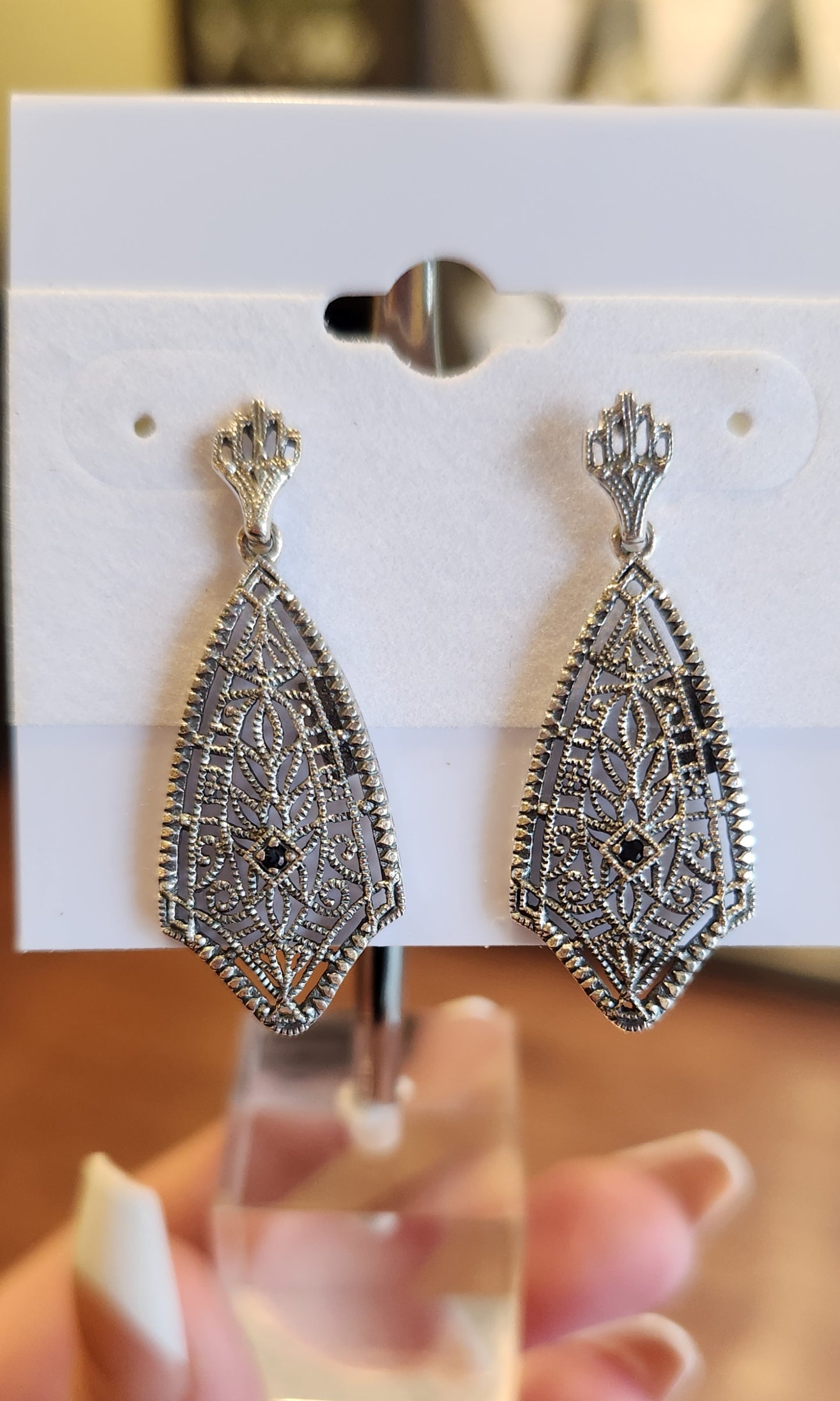 Sterling silver blue sapphire filigree earrings