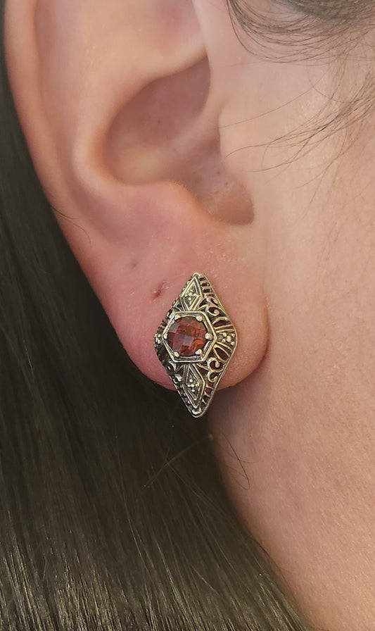 Sterling silver garnet filigree Art Deco style earrings