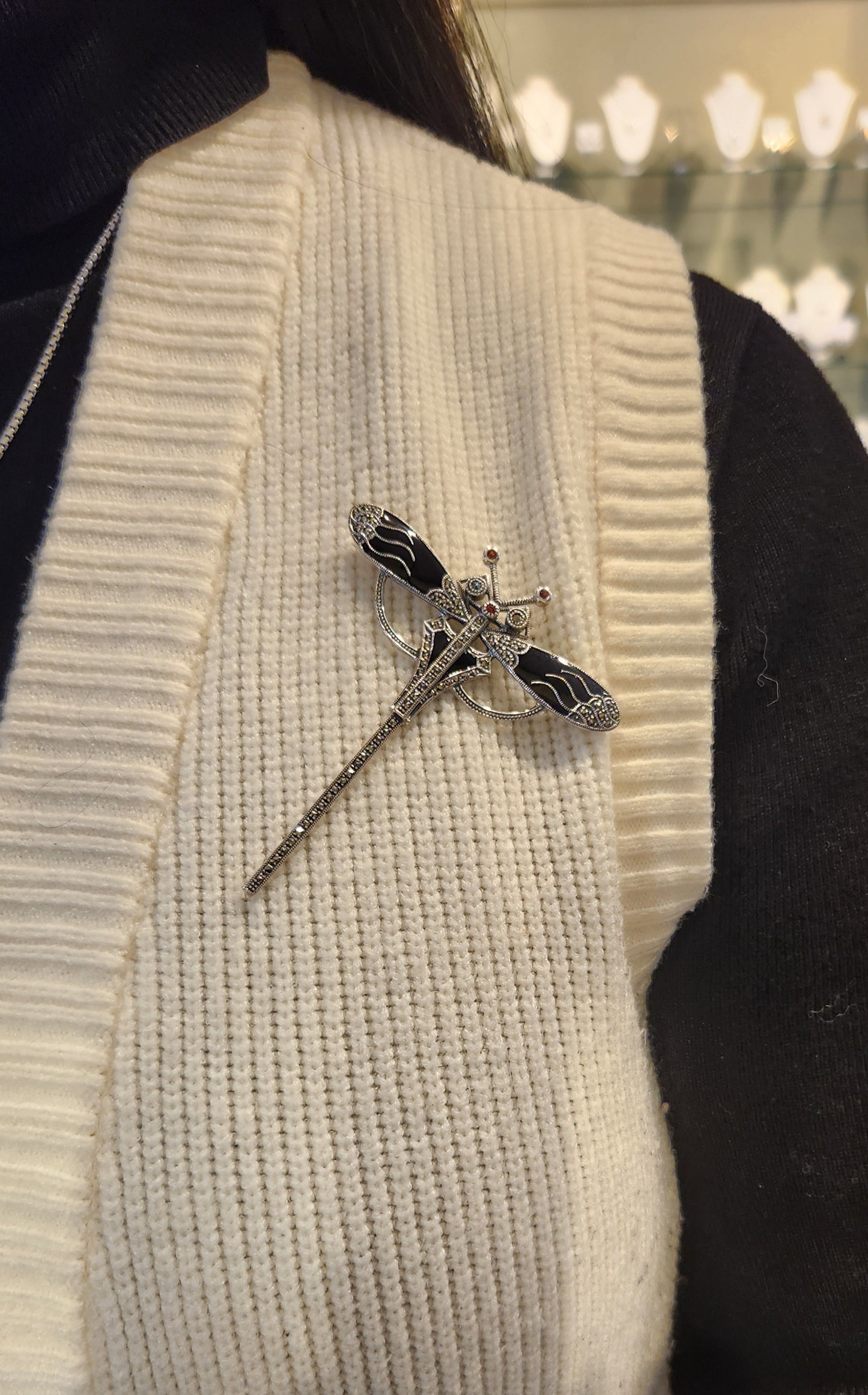 Sterling silver black enamel dragonfly brooch