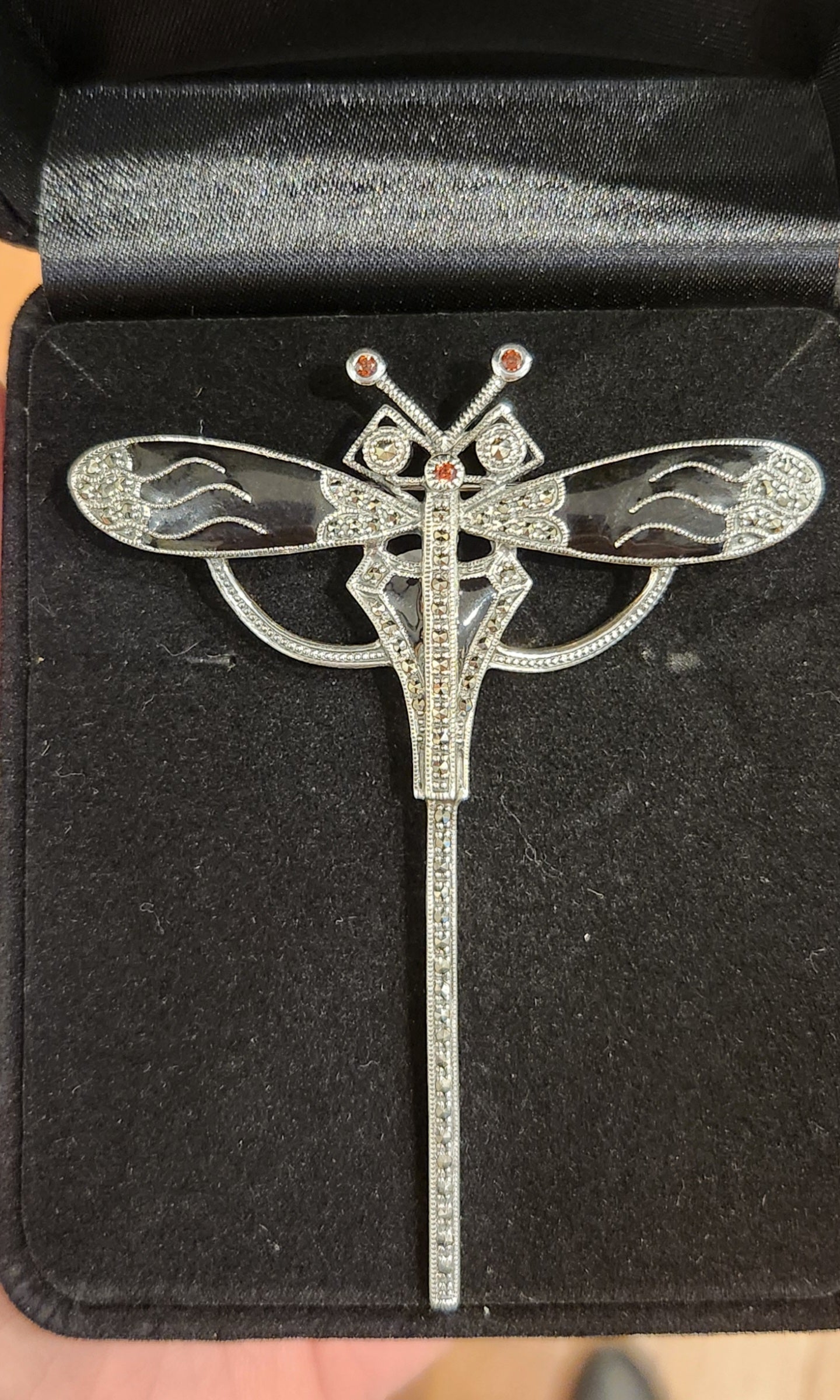 Sterling silver black enamel dragonfly brooch