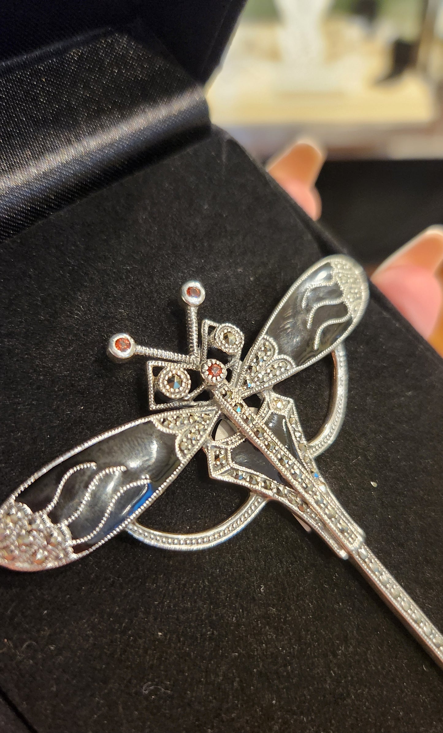 Sterling silver black enamel dragonfly brooch