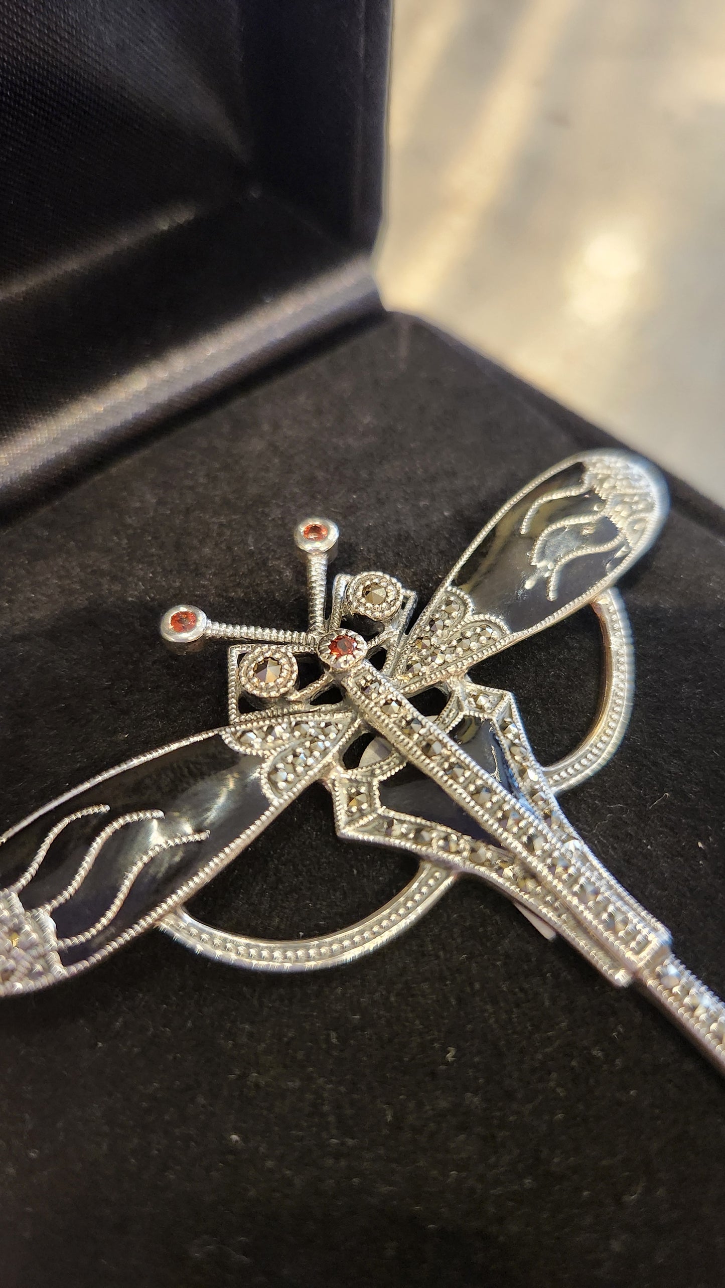 Sterling silver black enamel dragonfly brooch