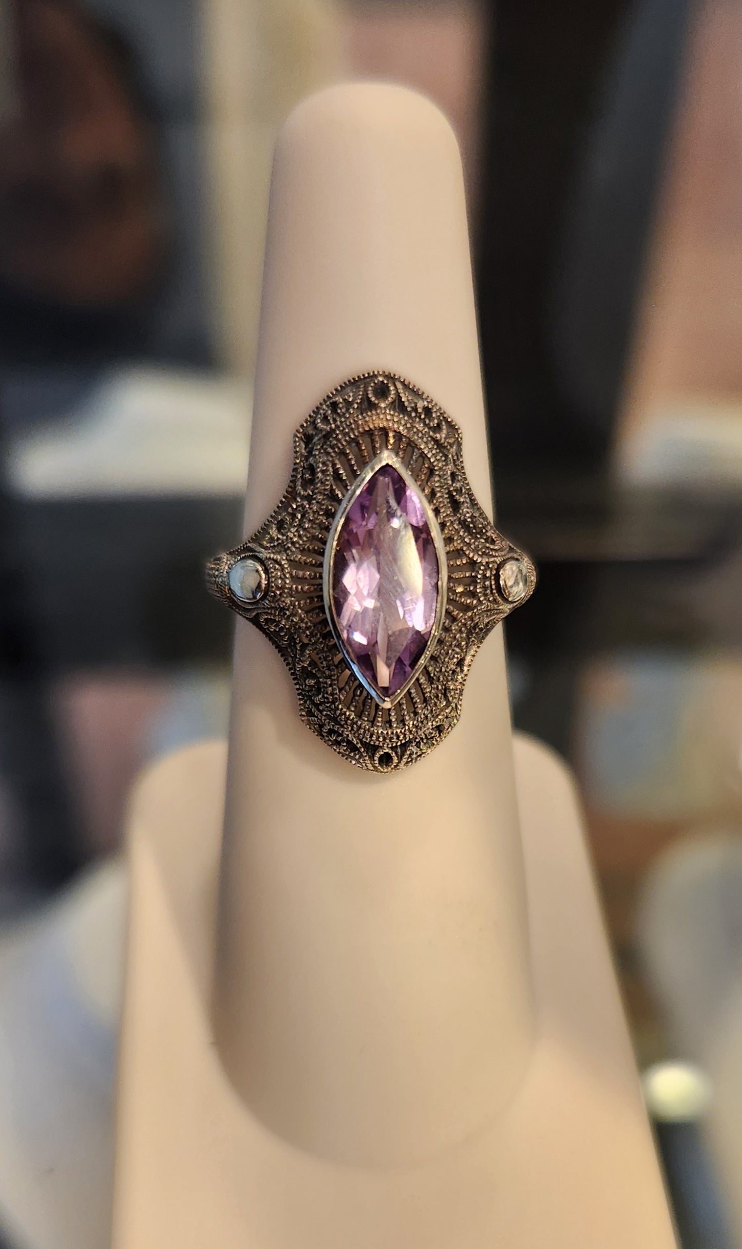 Sterling silver marquis amethyst filigree ring