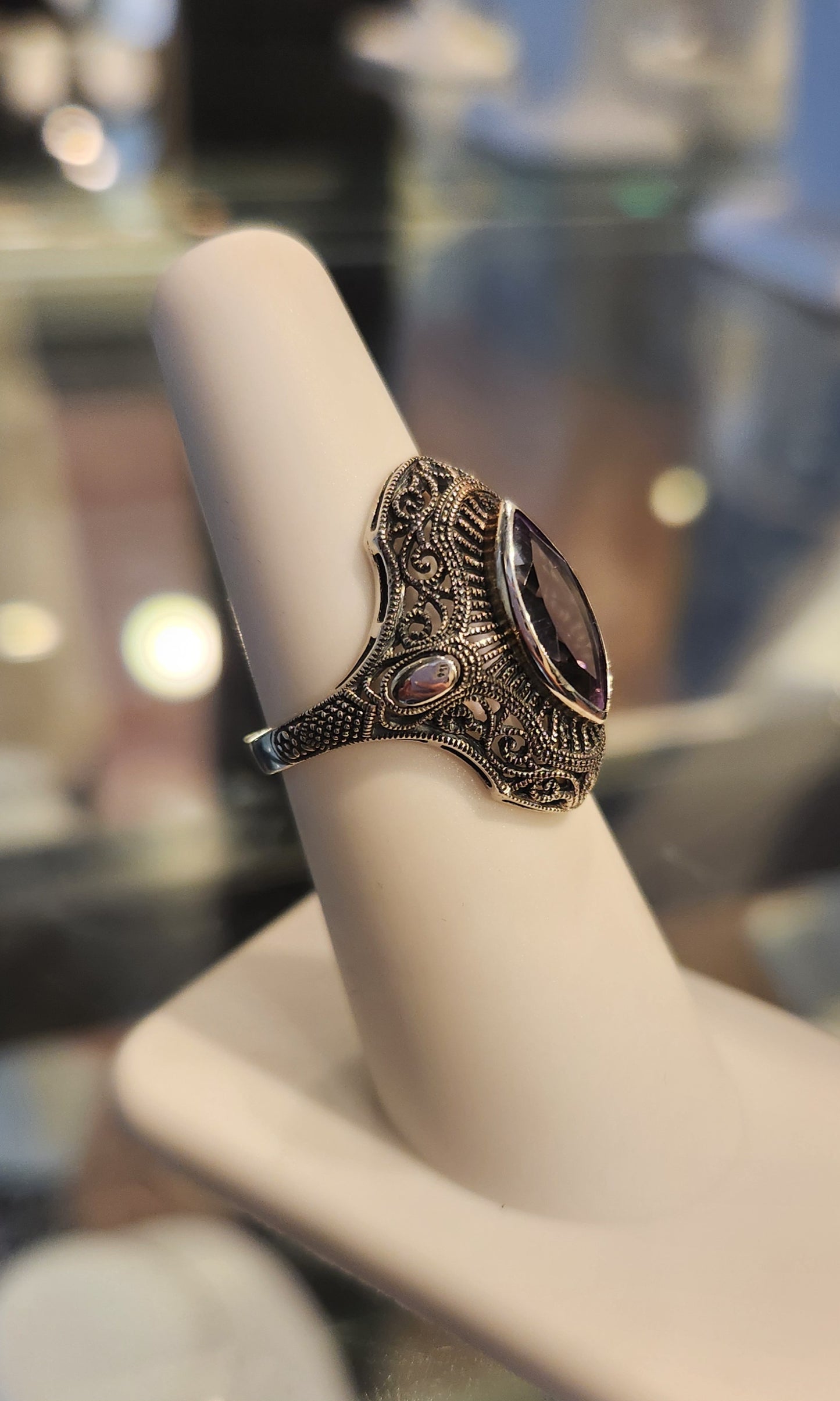 Sterling silver marquis amethyst filigree ring