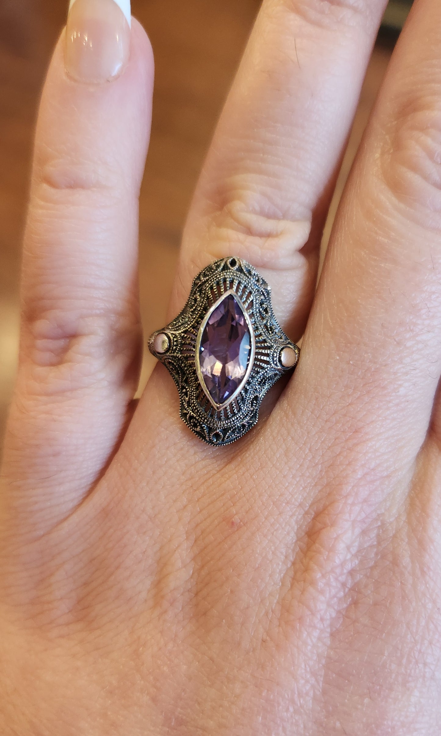 Sterling silver marquis amethyst filigree ring