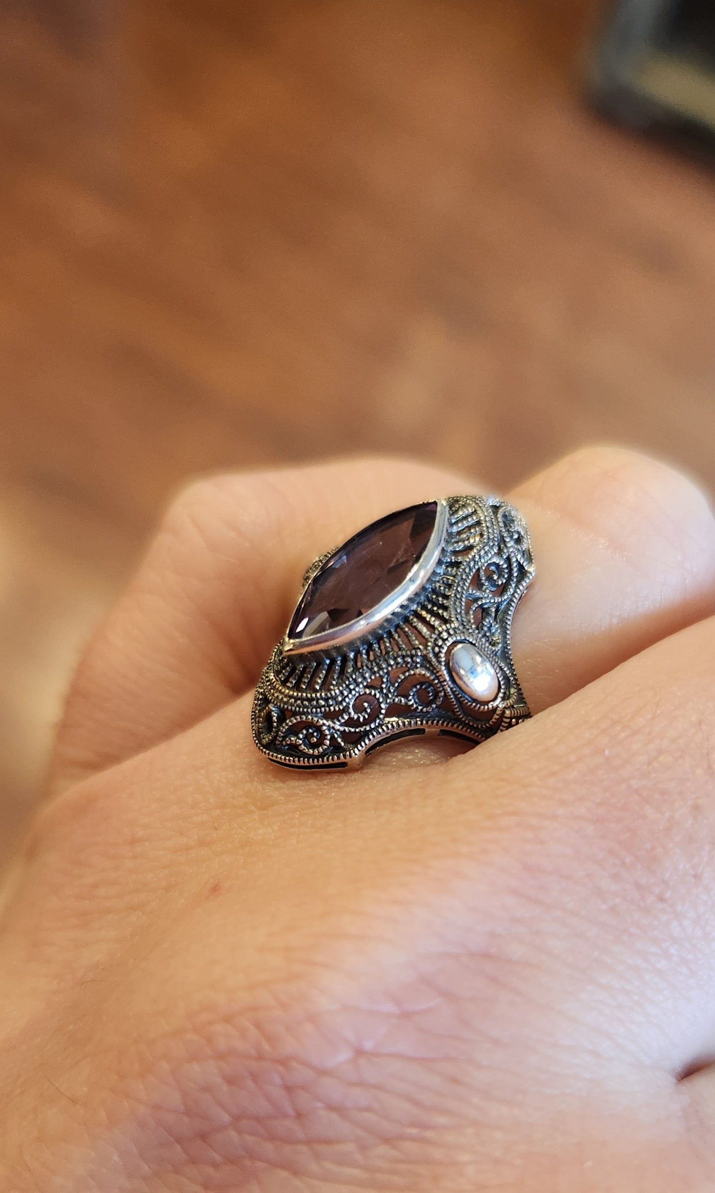 Sterling silver marquis amethyst filigree ring