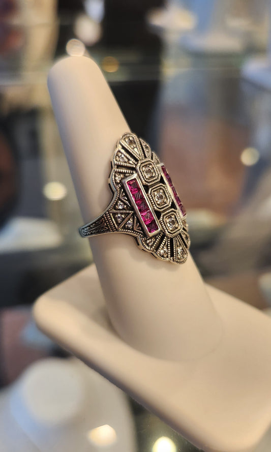 Sterling silver Art Deco style ring with ruby and white topaz