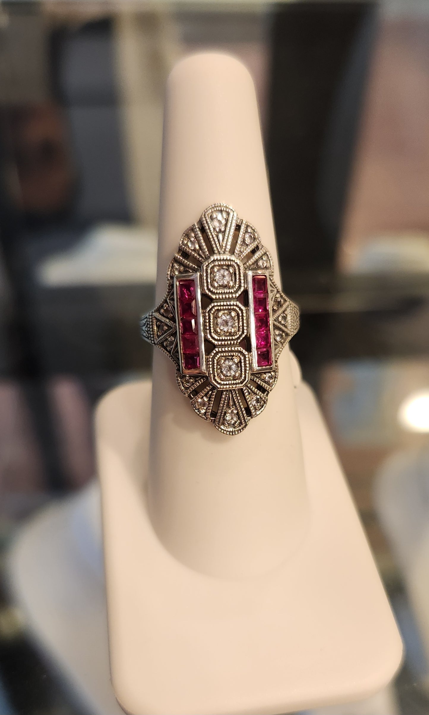 Sterling silver Art Deco style ring with ruby and white topaz