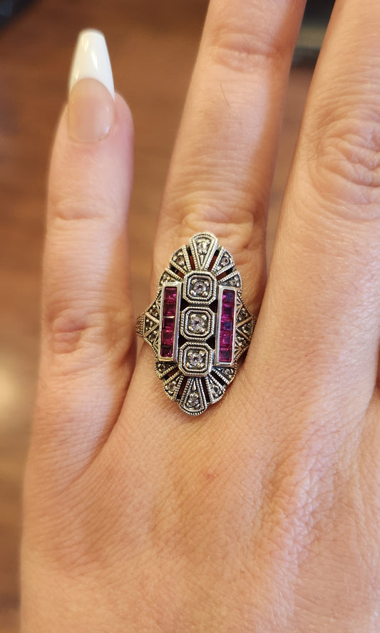 Sterling silver Art Deco style ring with ruby and white topaz