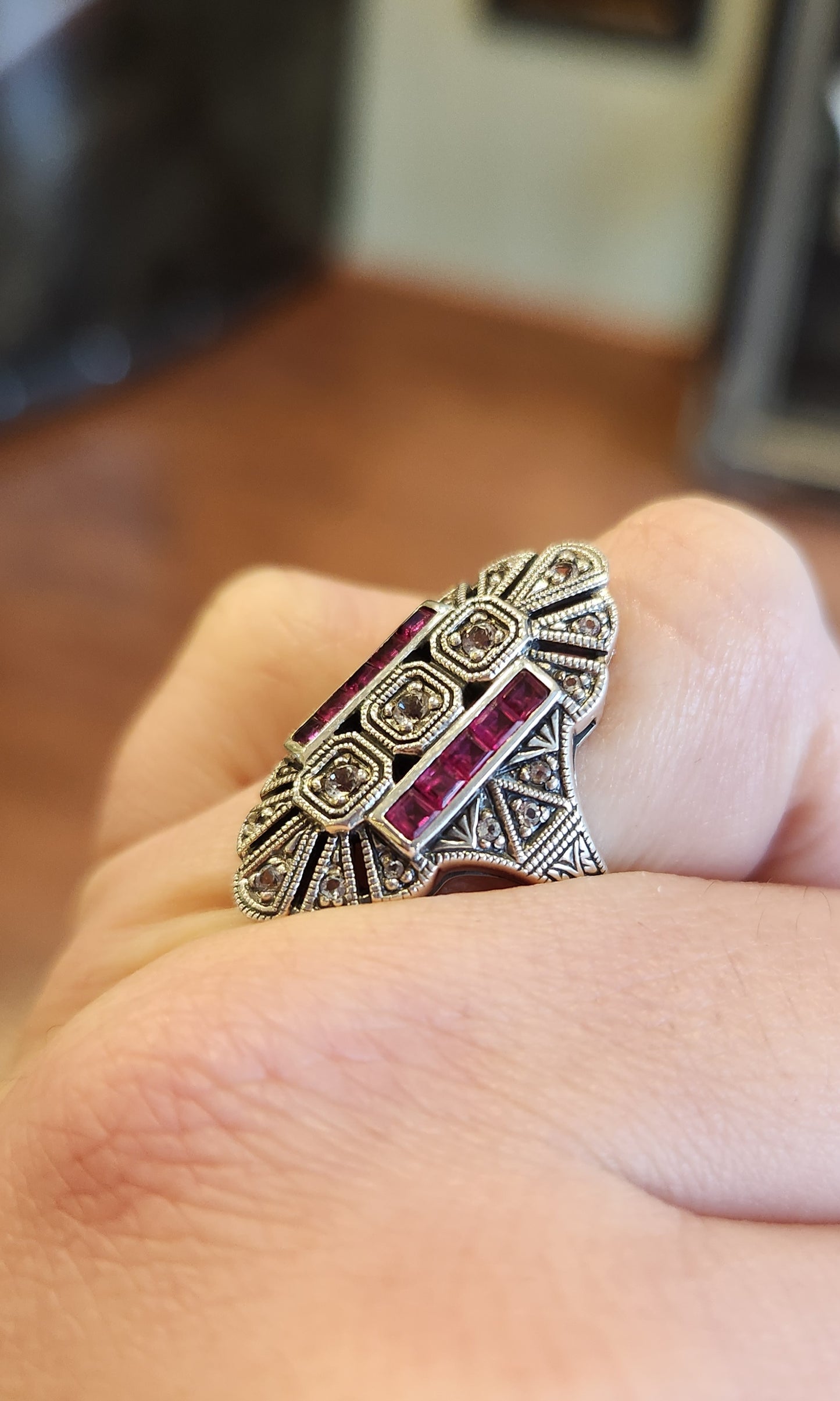 Sterling silver Art Deco style ring with ruby and white topaz