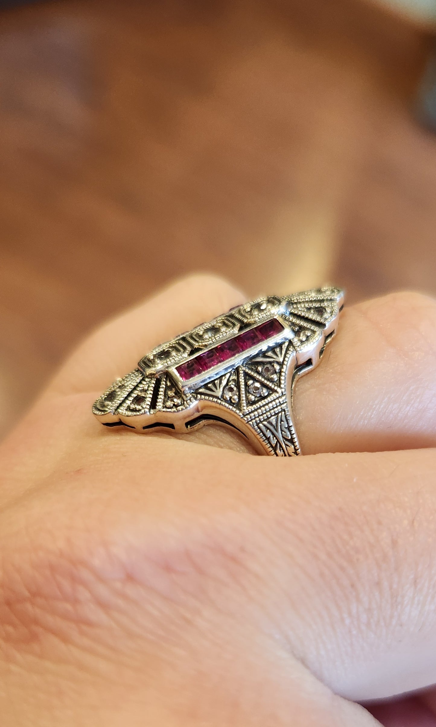 Sterling silver Art Deco style ring with ruby and white topaz