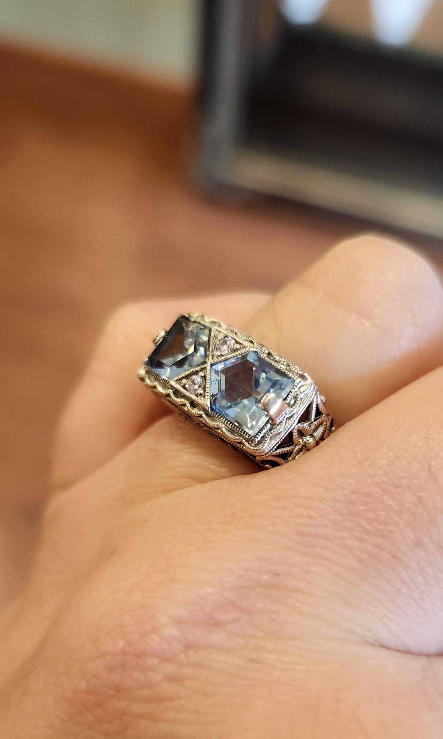 Sterling silver two-stone blue topaz Art Deco style ring