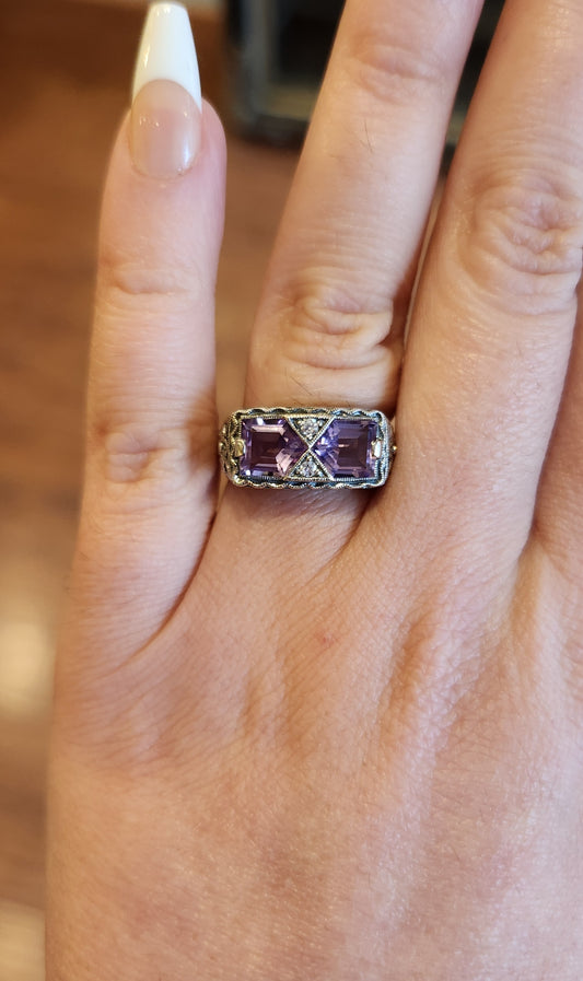 Sterling silver two-stone amethyst Art Deco style ring