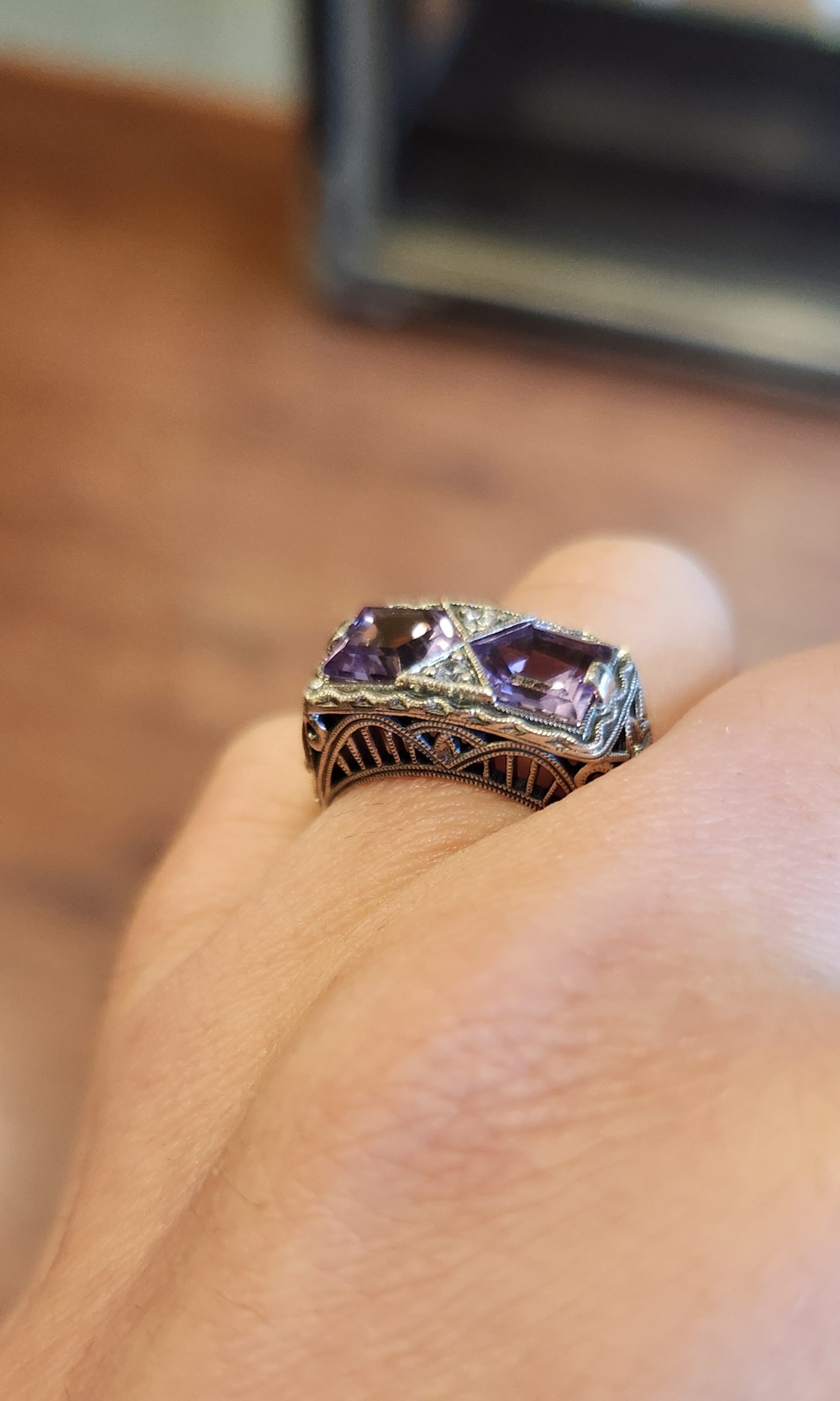 Sterling silver two-stone amethyst Art Deco style ring