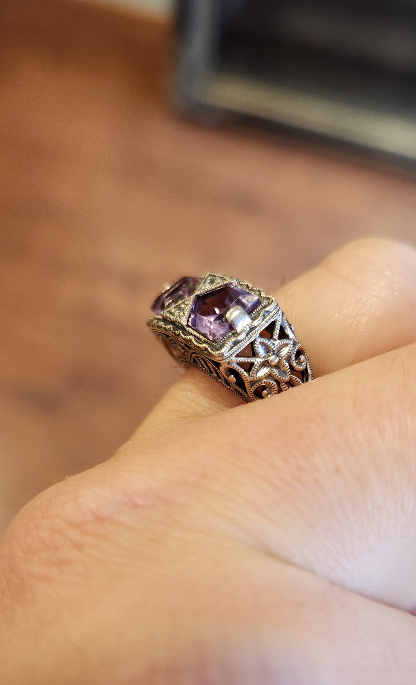 Sterling silver two-stone amethyst Art Deco style ring