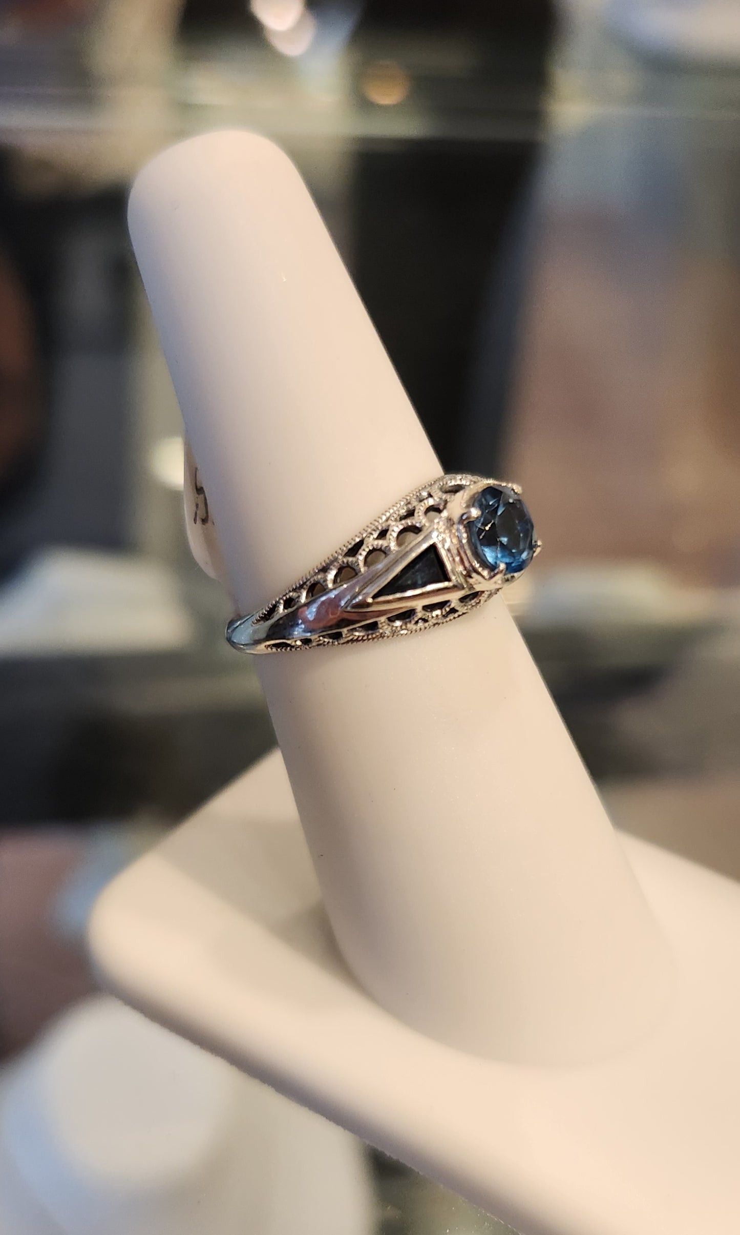 Sterling silver blue topaz & sapphire filigree ring