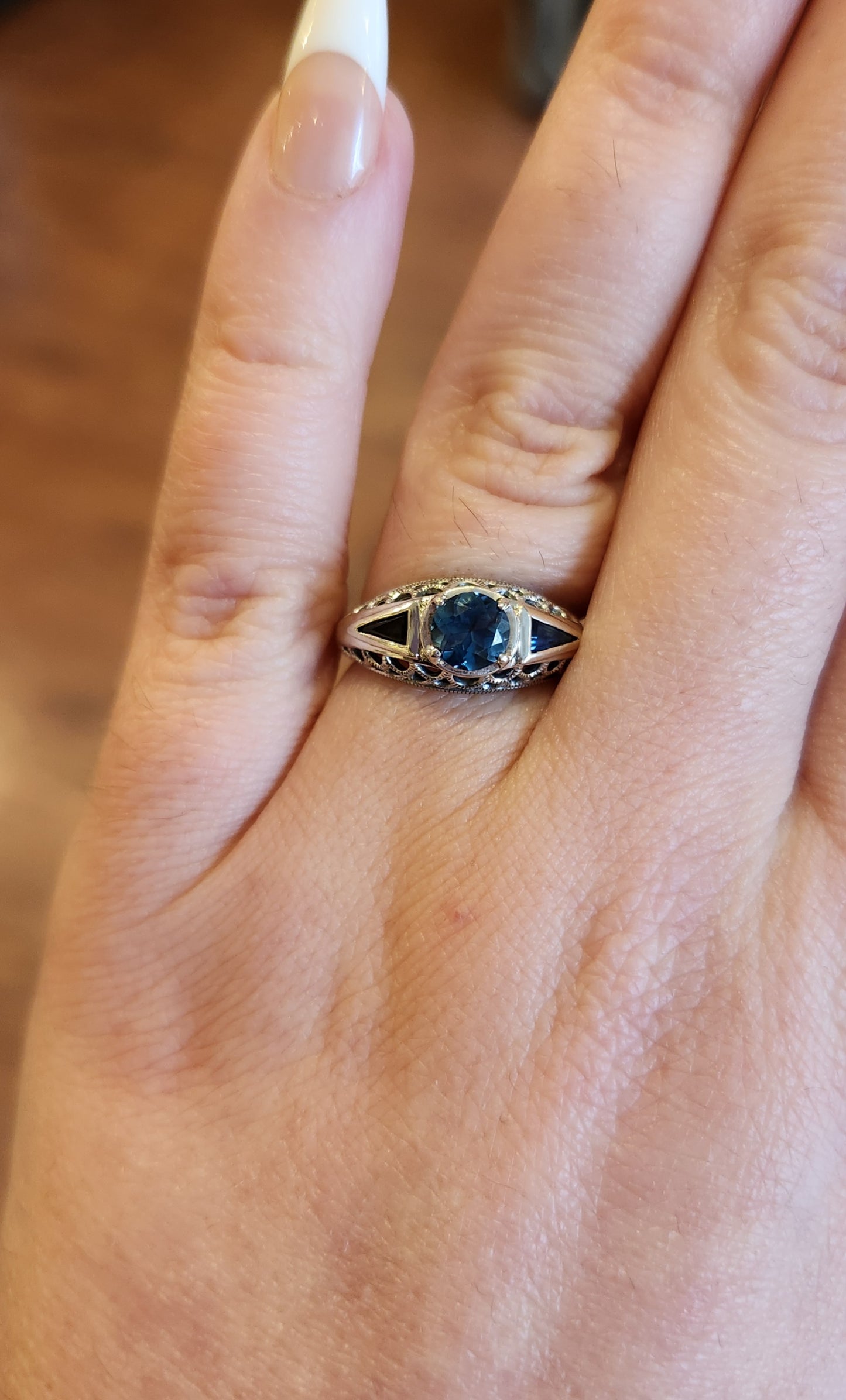 Sterling silver blue topaz & sapphire filigree ring