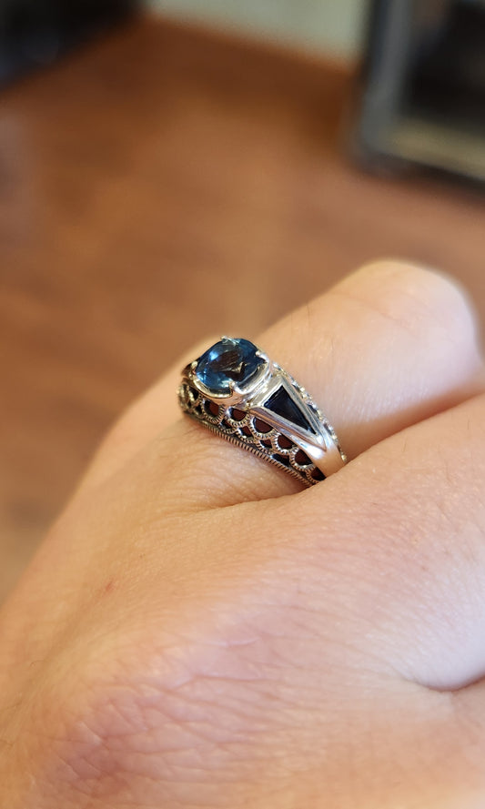 Sterling silver blue topaz & sapphire filigree ring