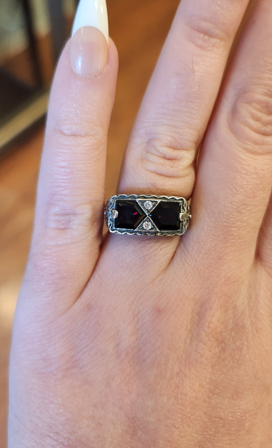 Sterling silver two-stone garnet Art Deco style ring