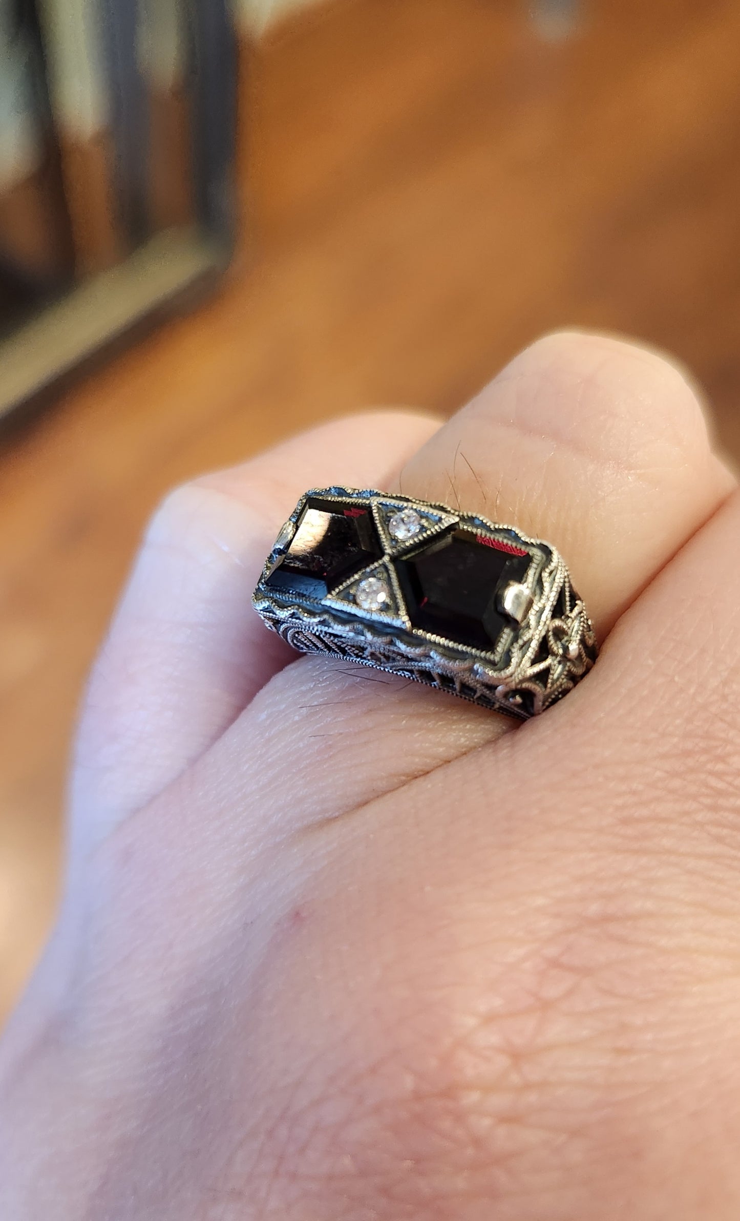 Sterling silver two-stone garnet Art Deco style ring