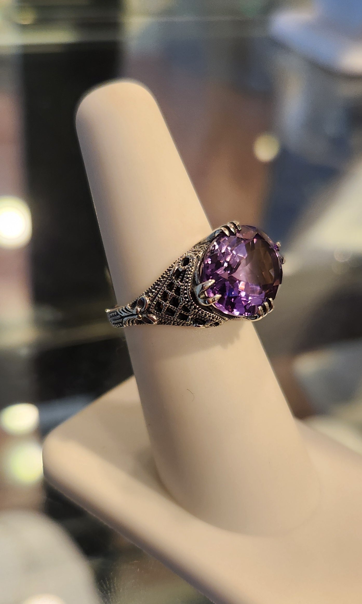 Sterling silver large amethyst filigree ring