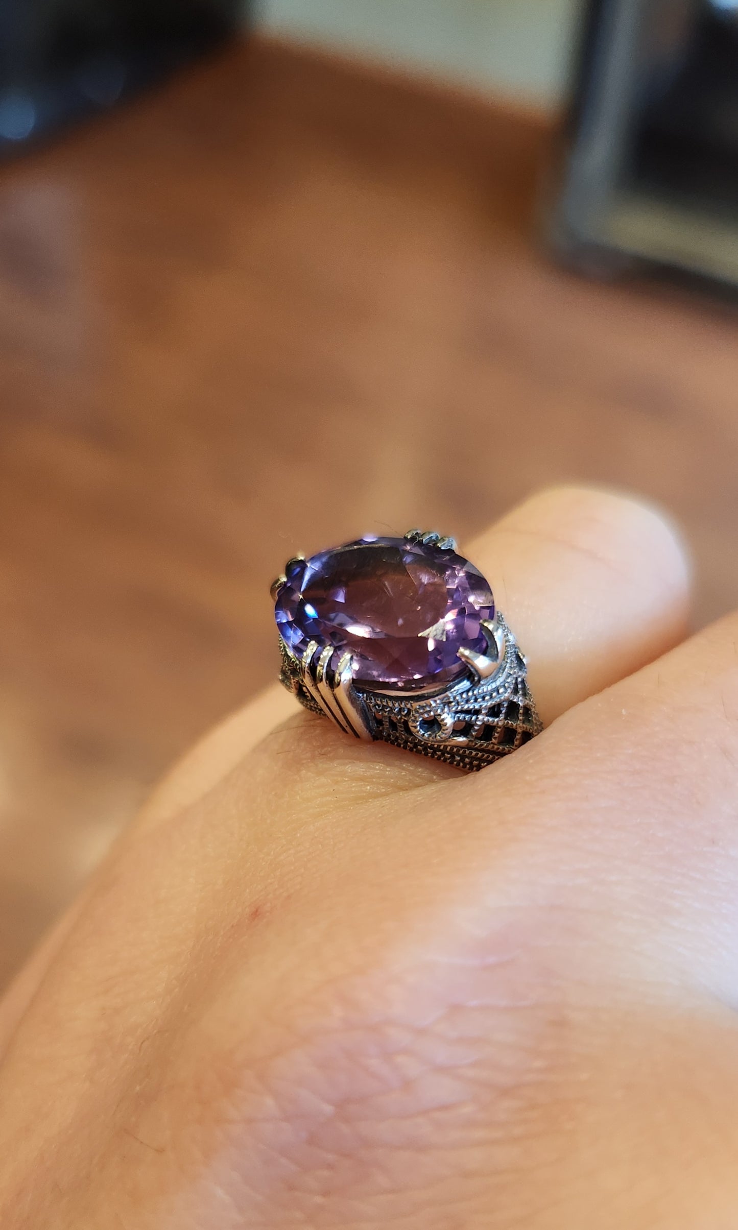 Sterling silver large amethyst filigree ring