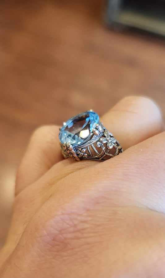 Sterling silver blue topaz Victorian style ring