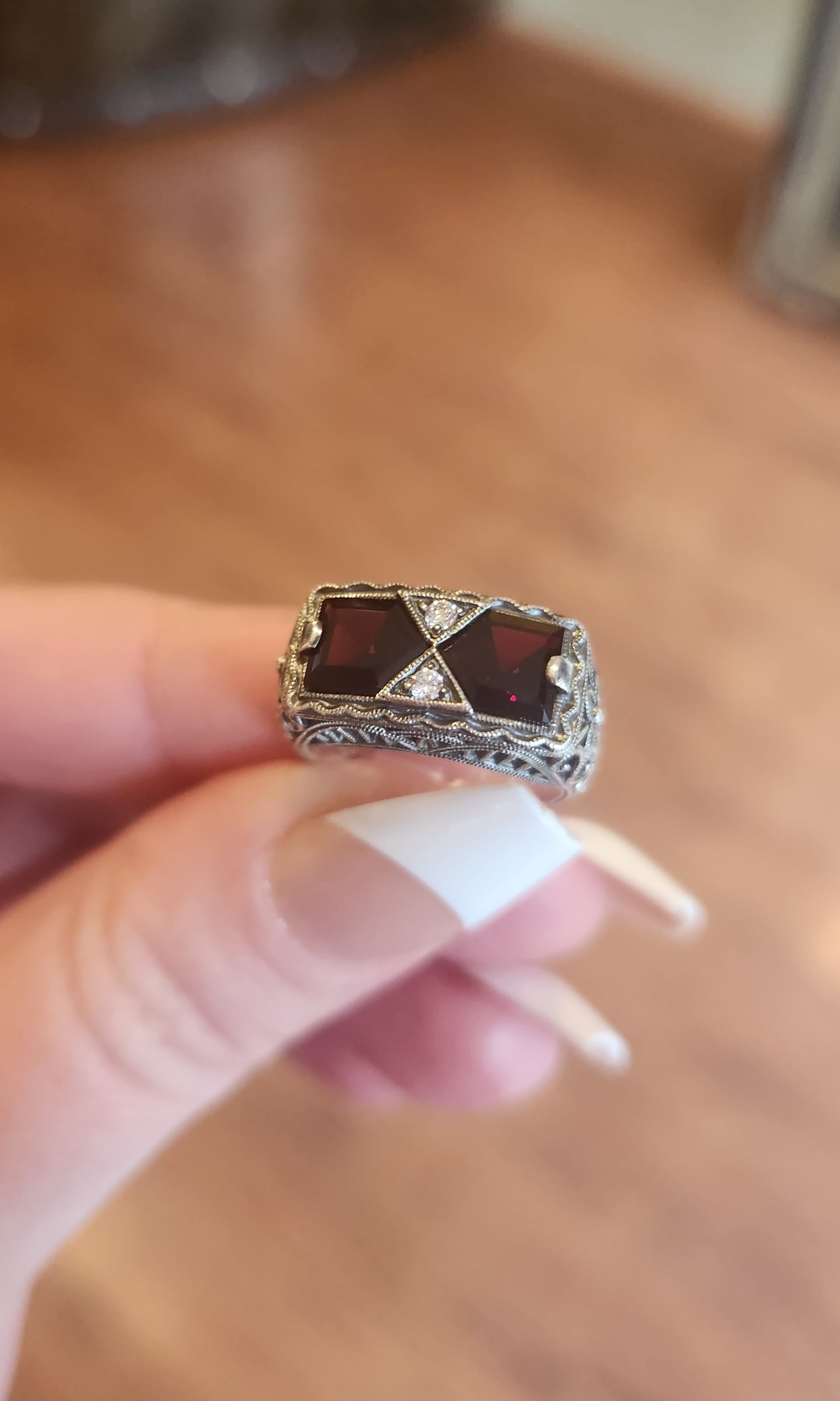 Sterling silver two-stone garnet Art Deco style ring