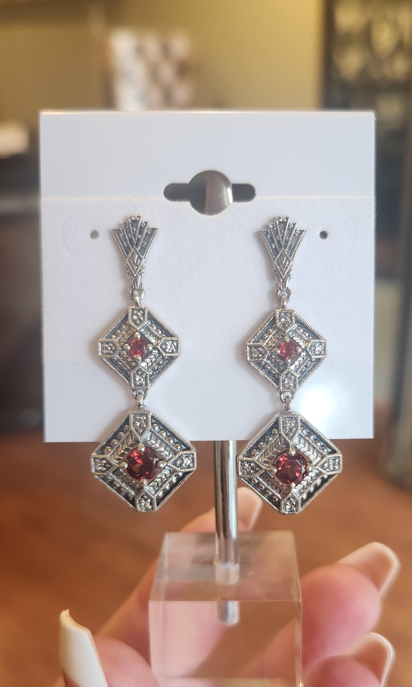 Sterling silver vintage style garnet dangle earrings