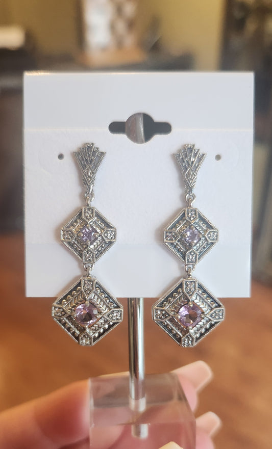 Sterling silver vintage style amethyst dangle earrings