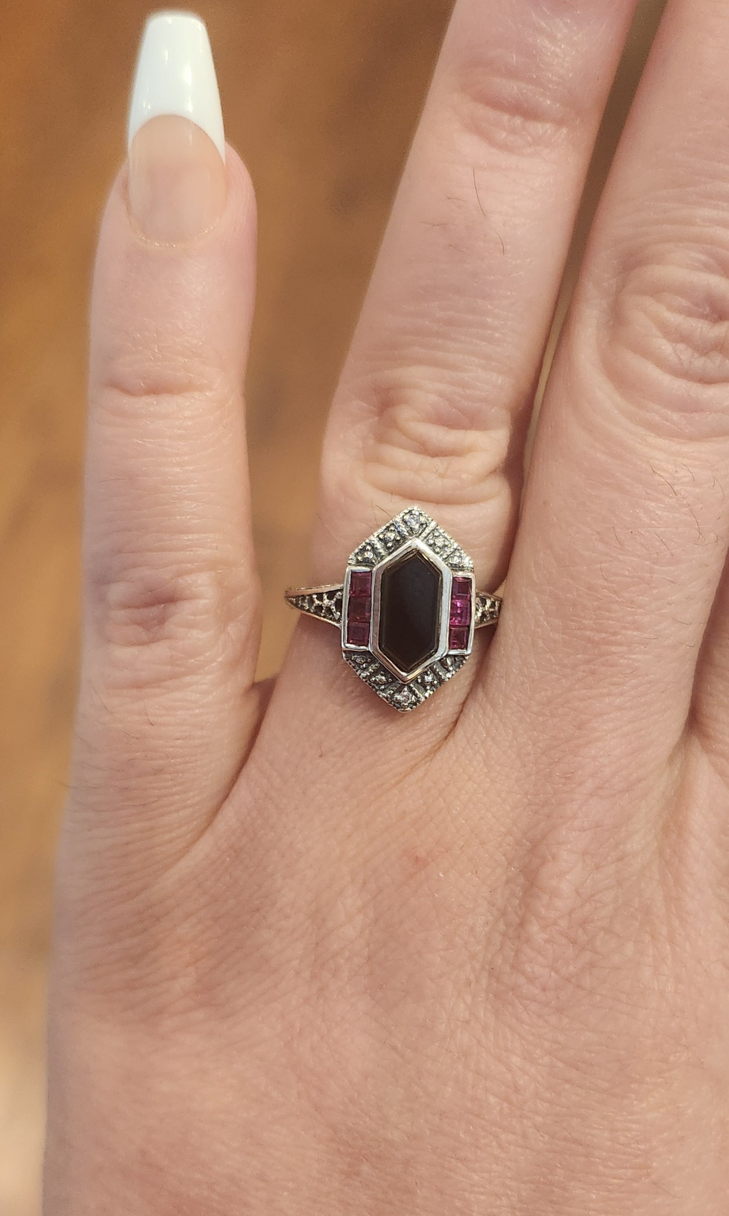 Sterling silver onyx and ruby vintage style ring