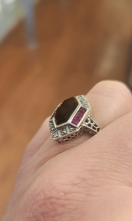 Sterling silver onyx and ruby vintage style ring