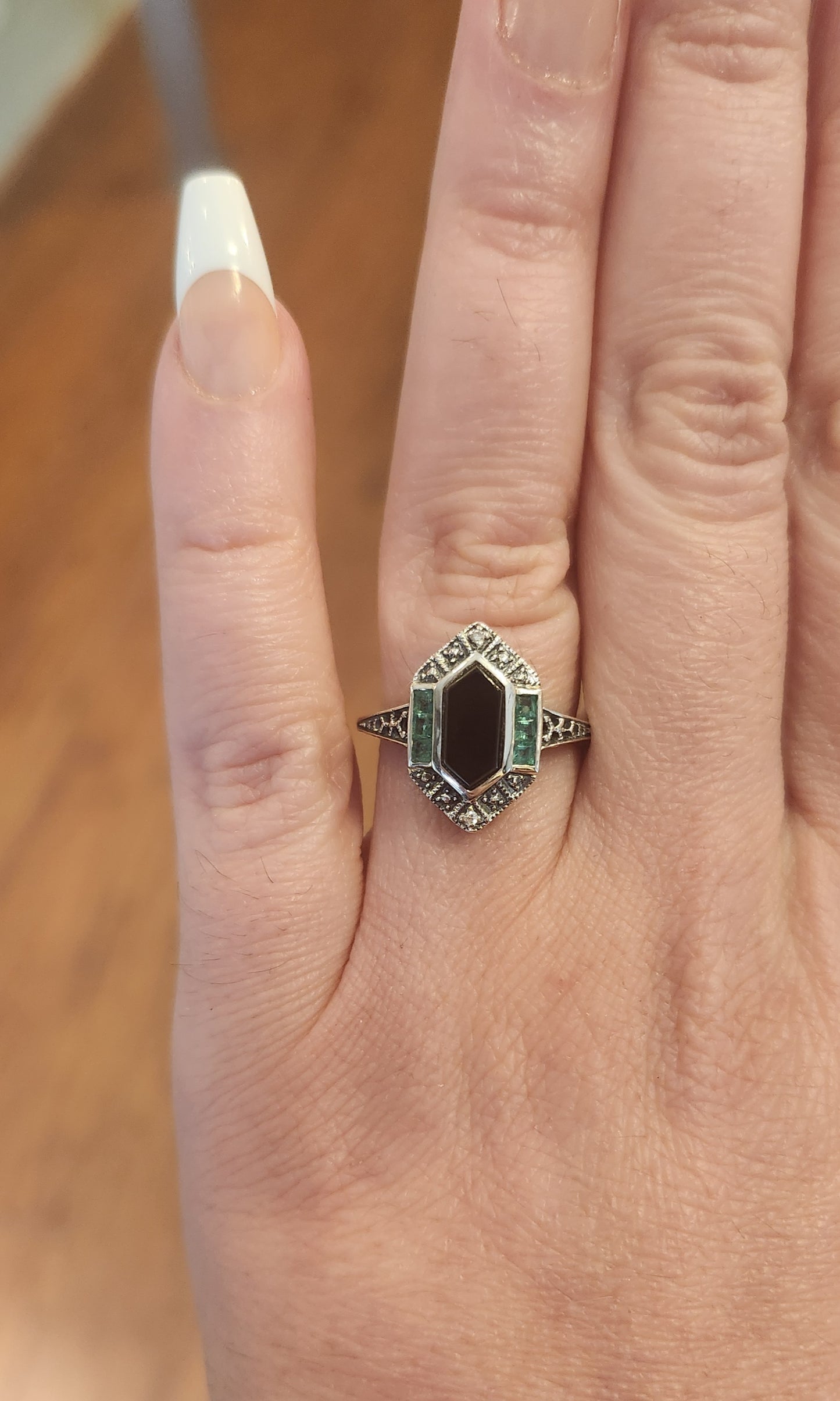 Sterling silver onyx and emerald vintage style ring