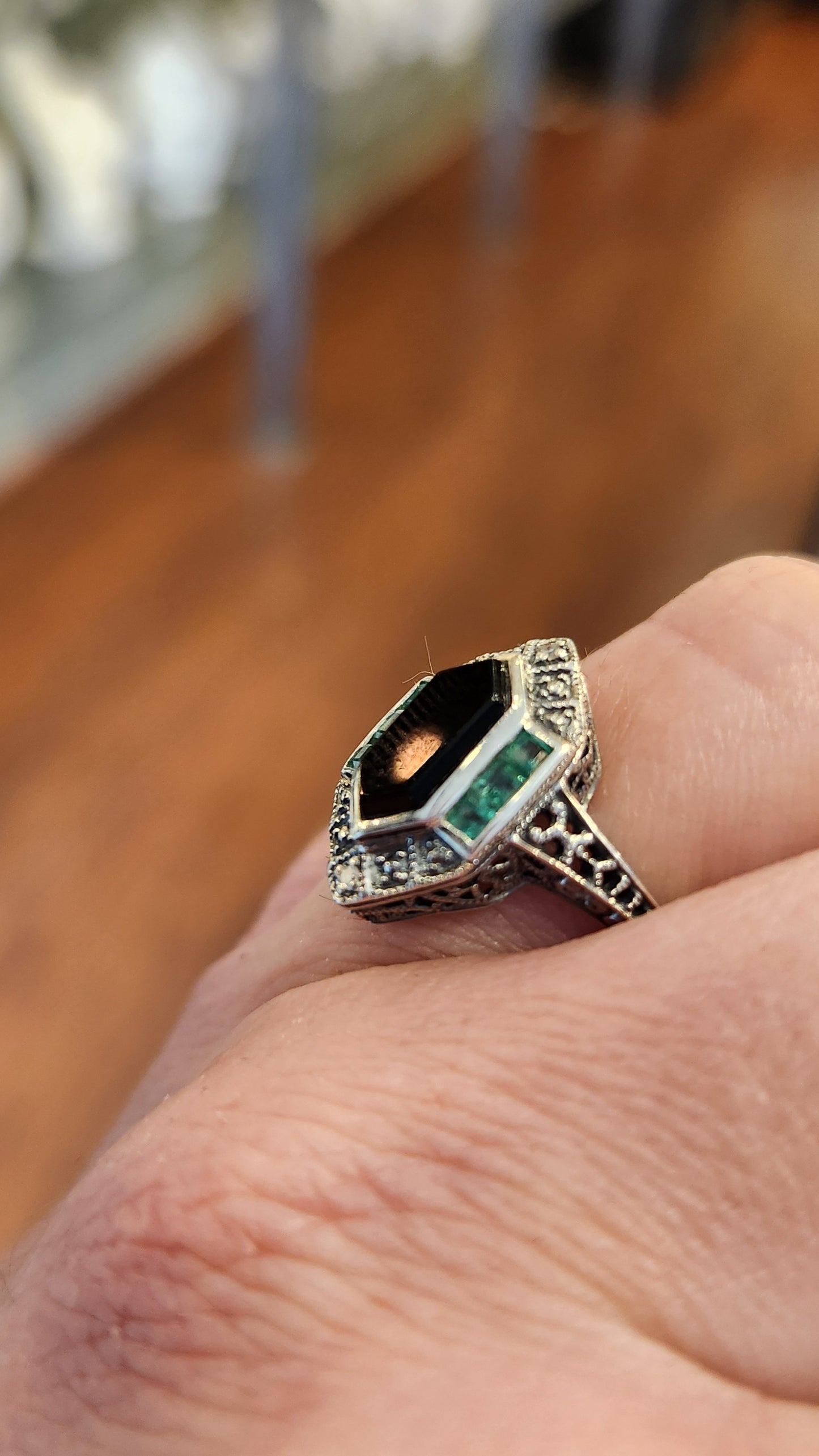 Sterling silver onyx and emerald vintage style ring