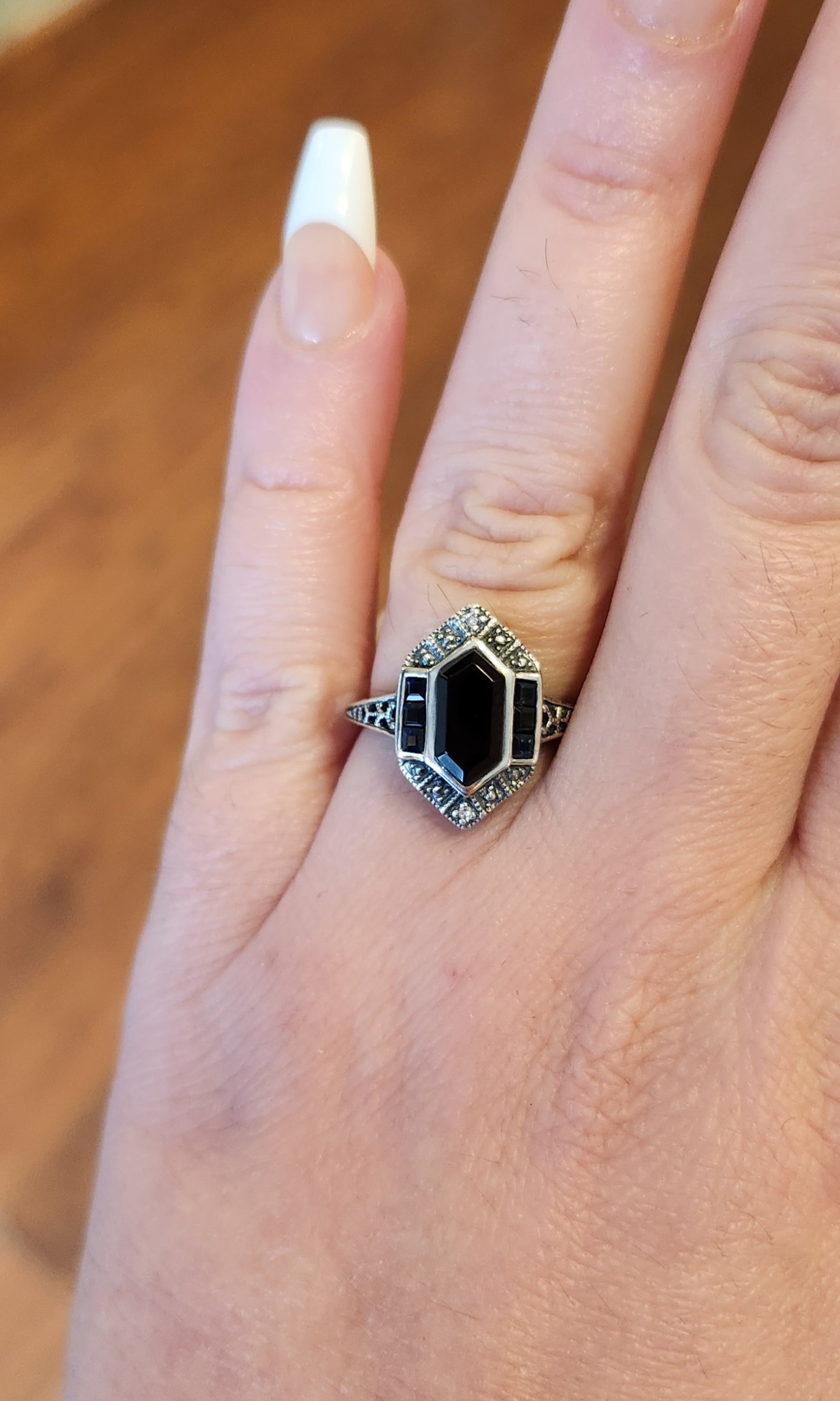 Sterling silver onyx and sapphire vintage style ring