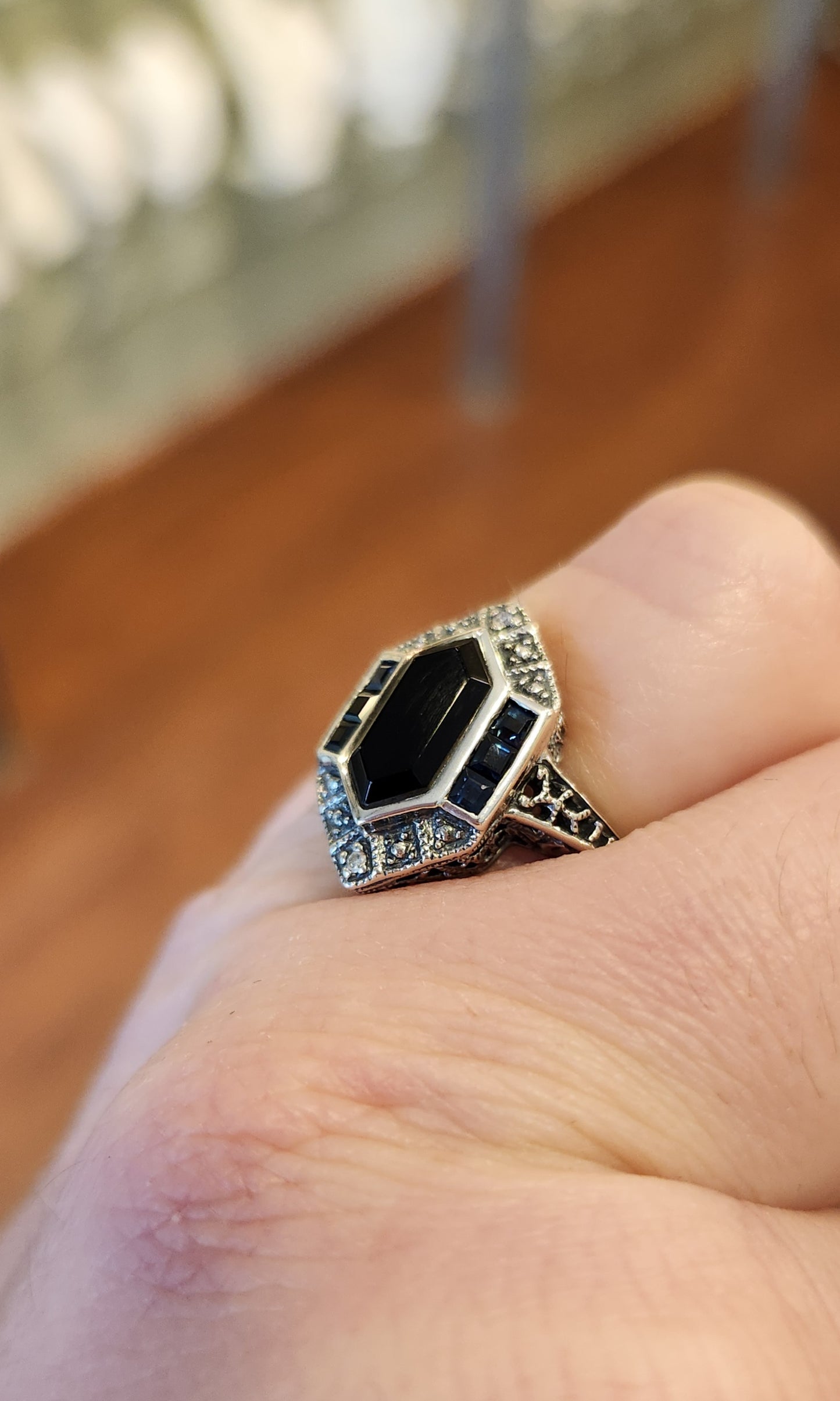 Sterling silver onyx and sapphire vintage style ring