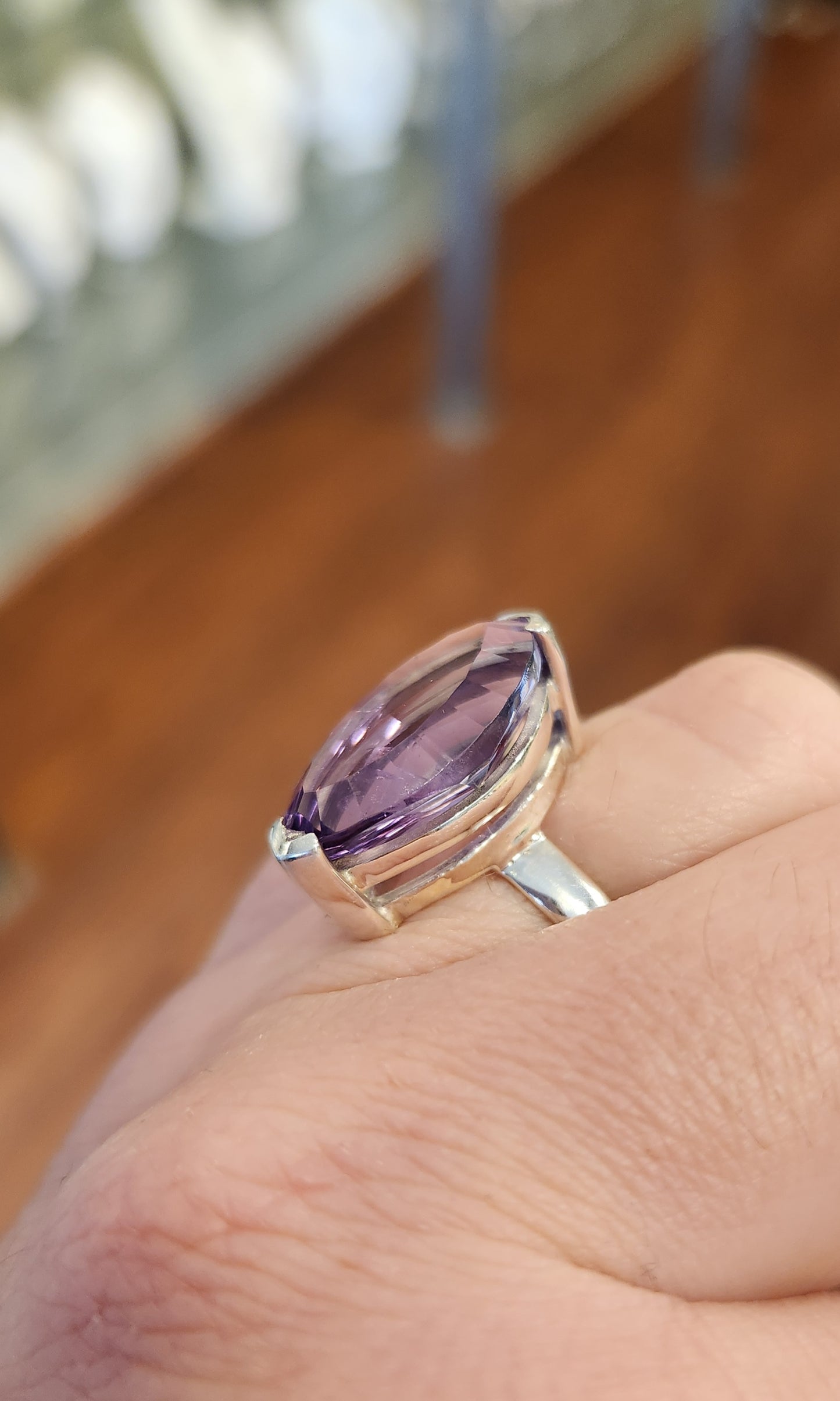 Sterling silver marquis-shaped amethyst ring