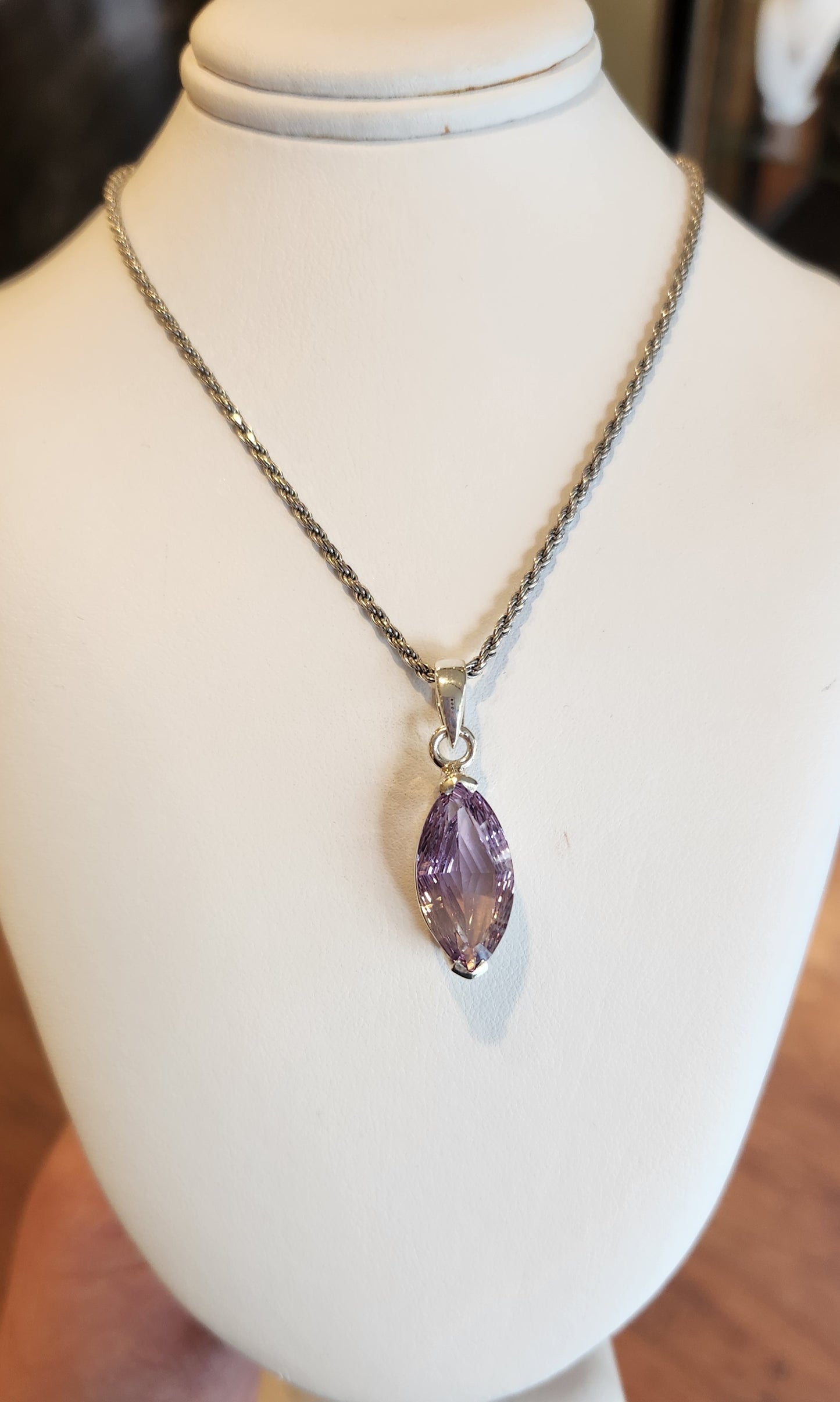 Sterling silver marquis-shaped amethyst pendant