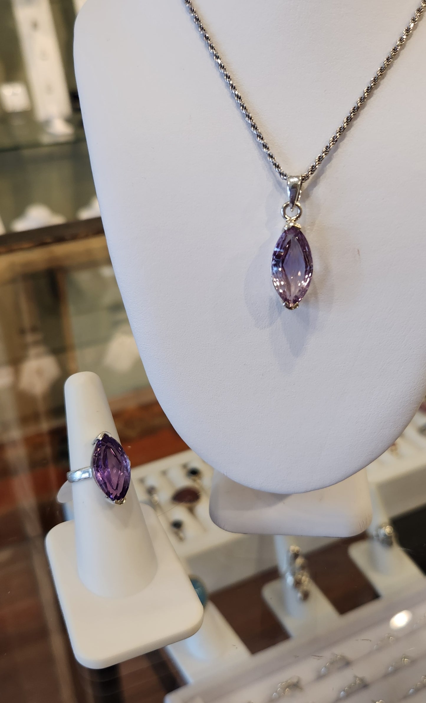 Sterling silver marquis-shaped amethyst pendant