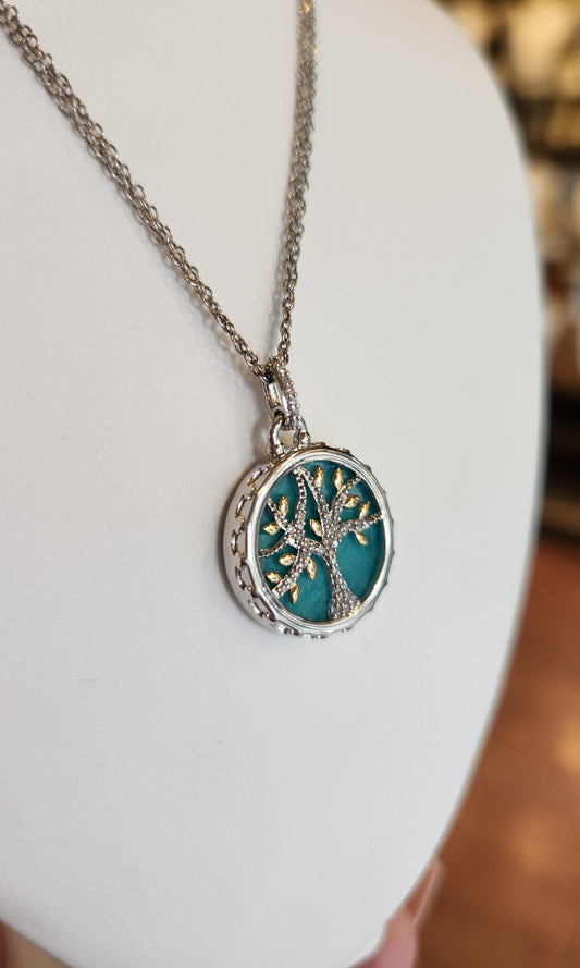 Sterling silver tree of life pendant with 14kt gold accents over amazonite