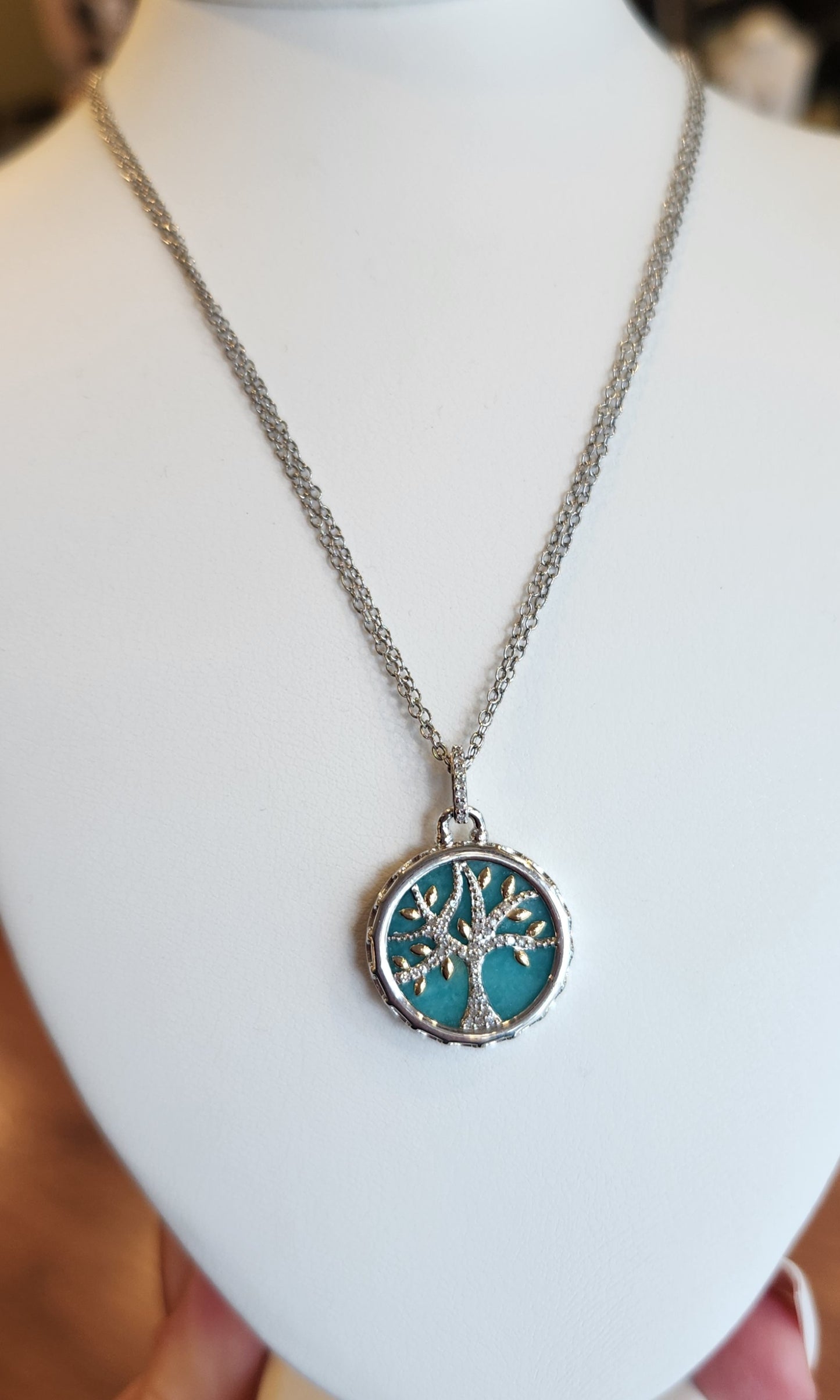 Sterling silver tree of life pendant with 14kt gold accents over amazonite