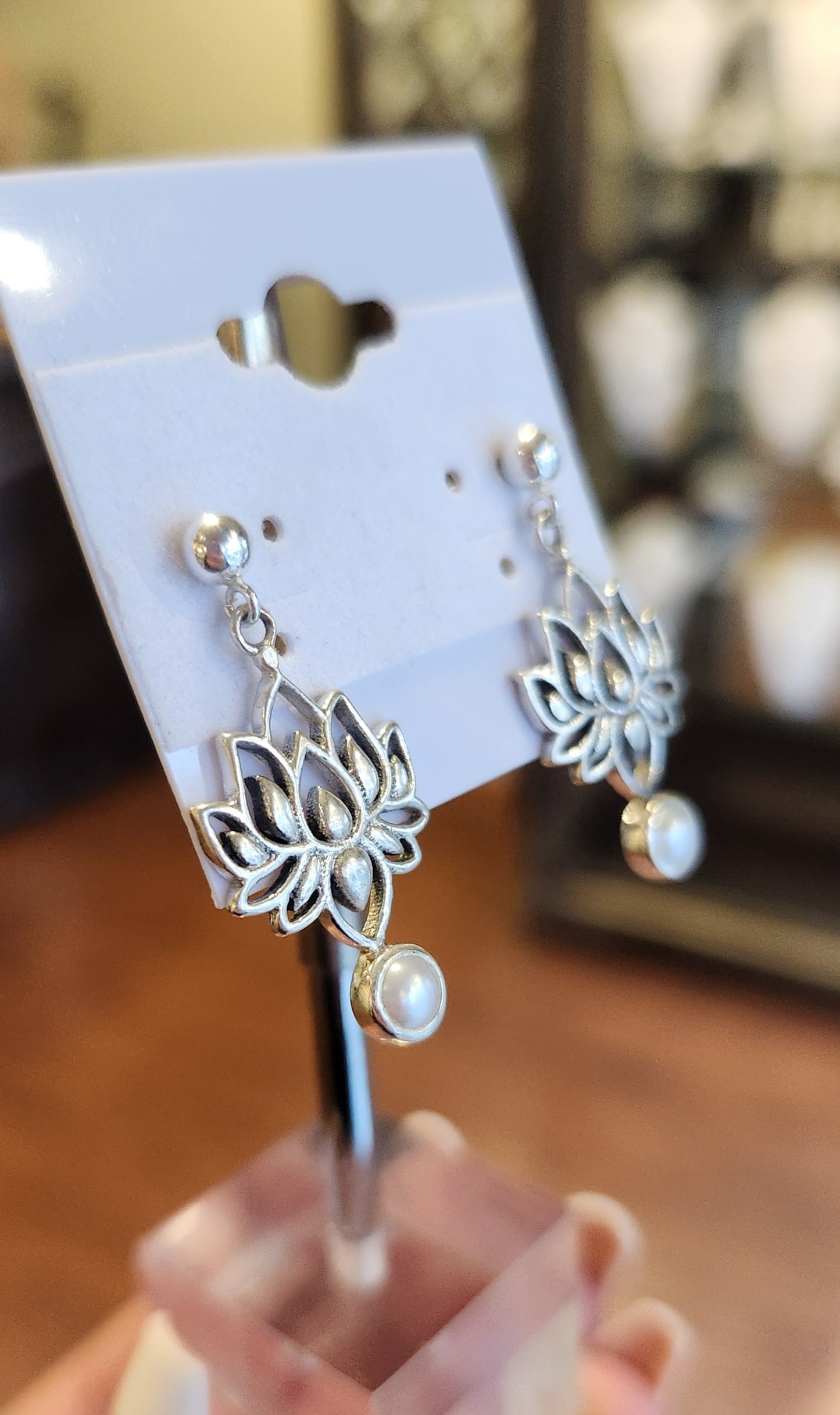 Sterling silver dangle lotus pearl earrings