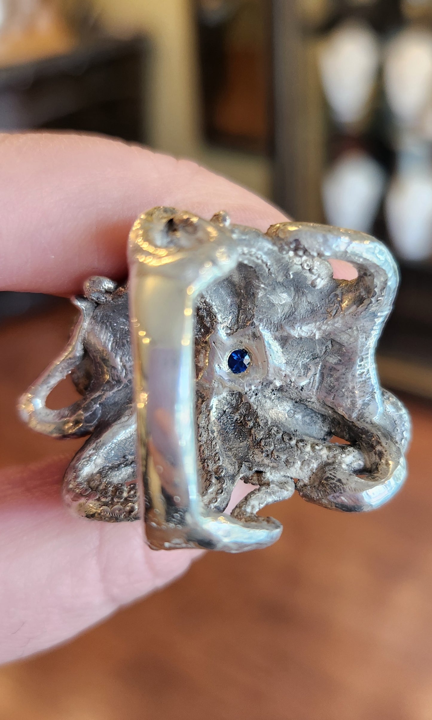 Sterling silver mens octopus ring with sapphire