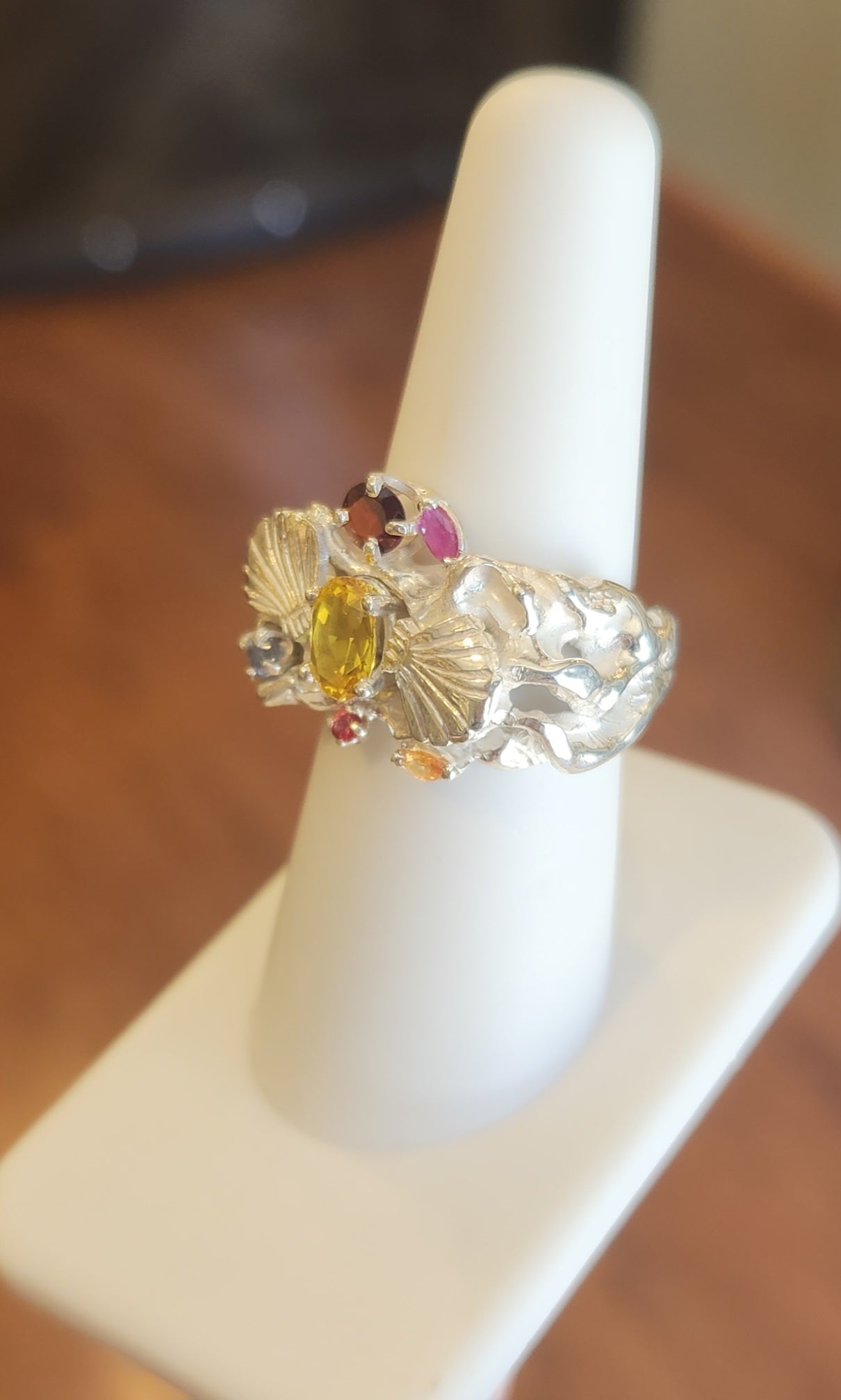 Sterling silver multi-stone seashell statement ring