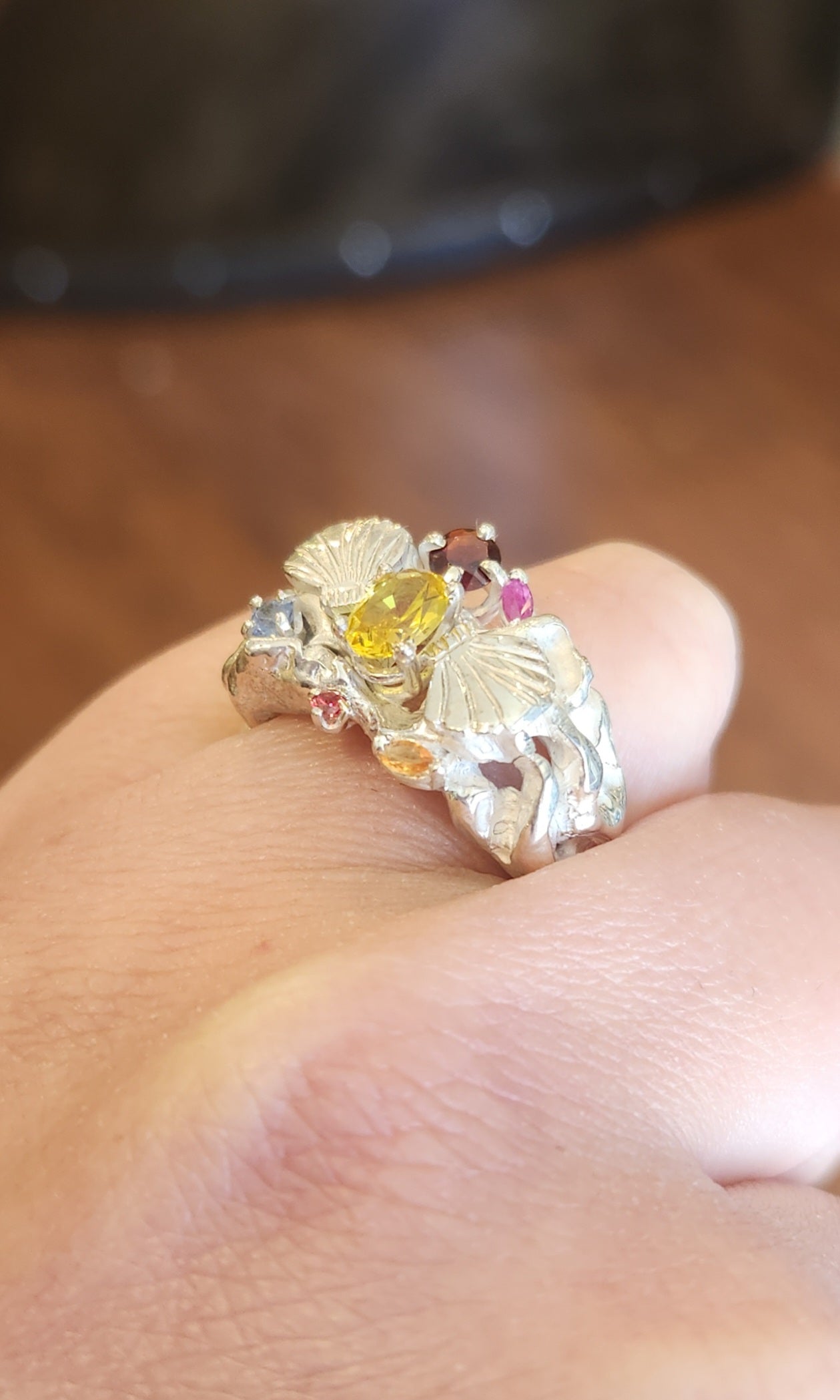 Sterling silver multi-stone seashell statement ring