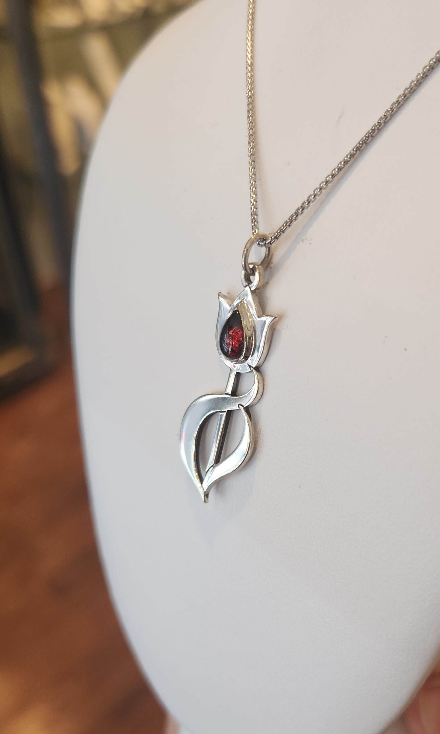 Sterling silver garnet tulip pendant