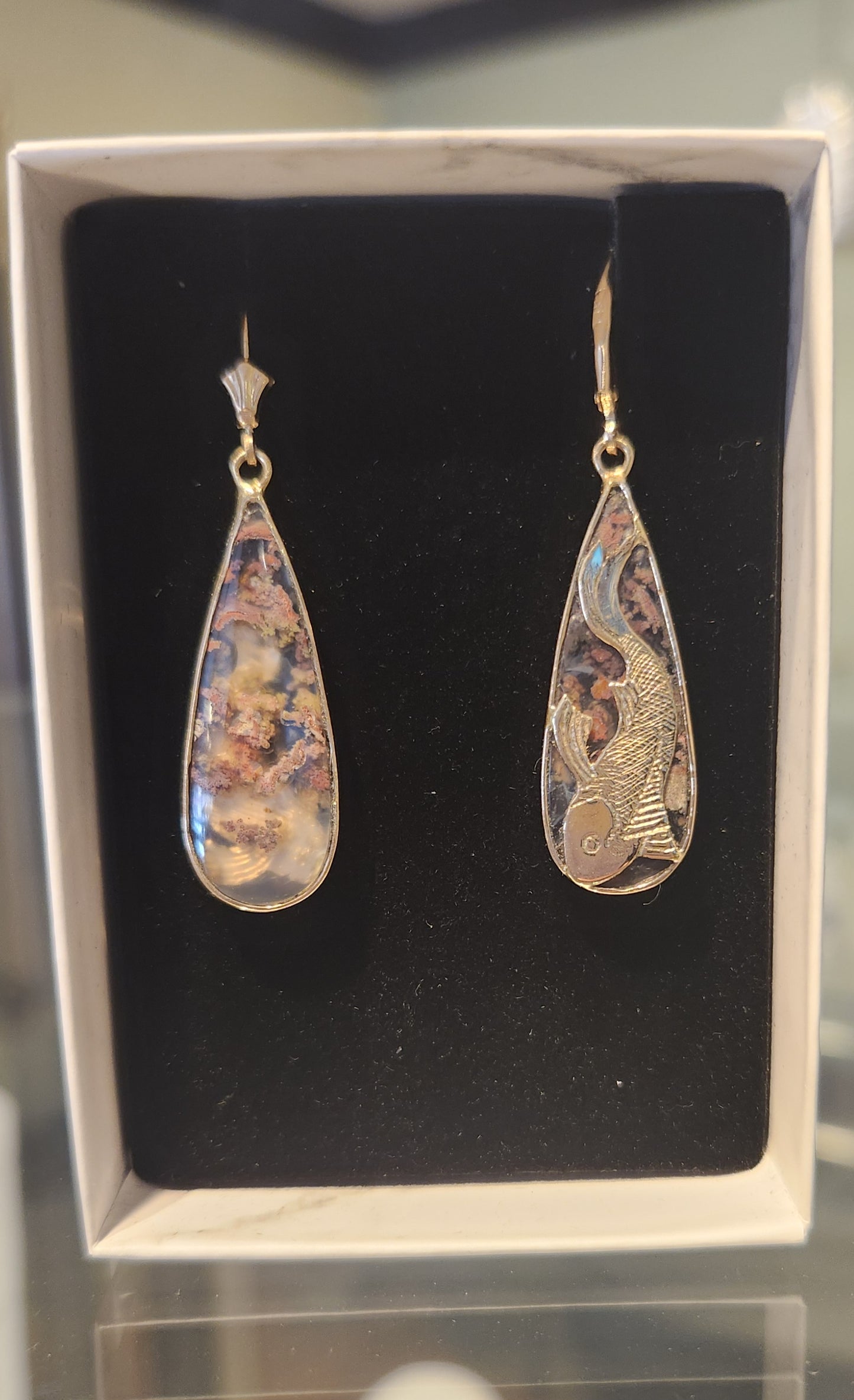 14k yellow gold koi fish moss agate dangle earrings