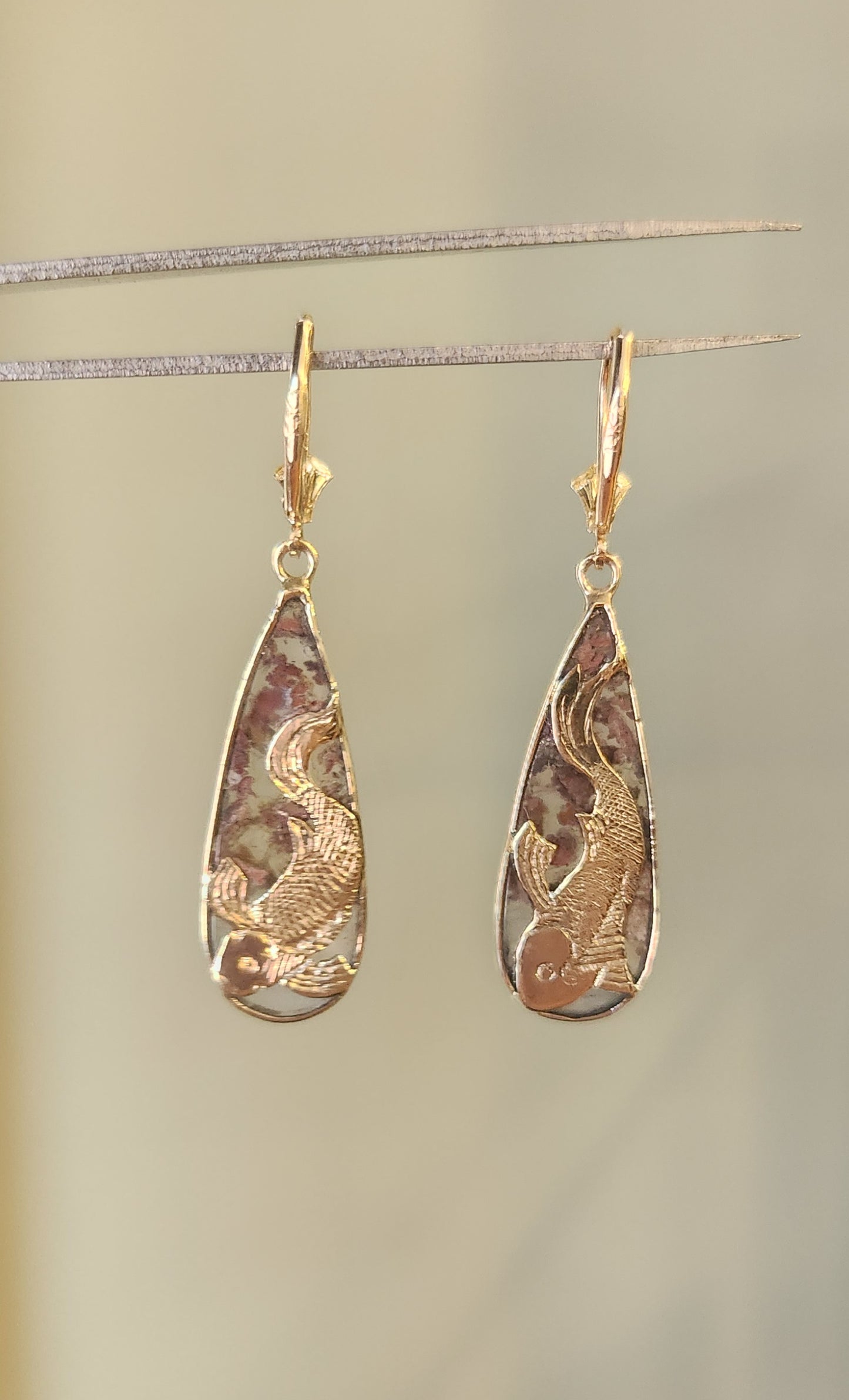 14k yellow gold koi fish moss agate dangle earrings