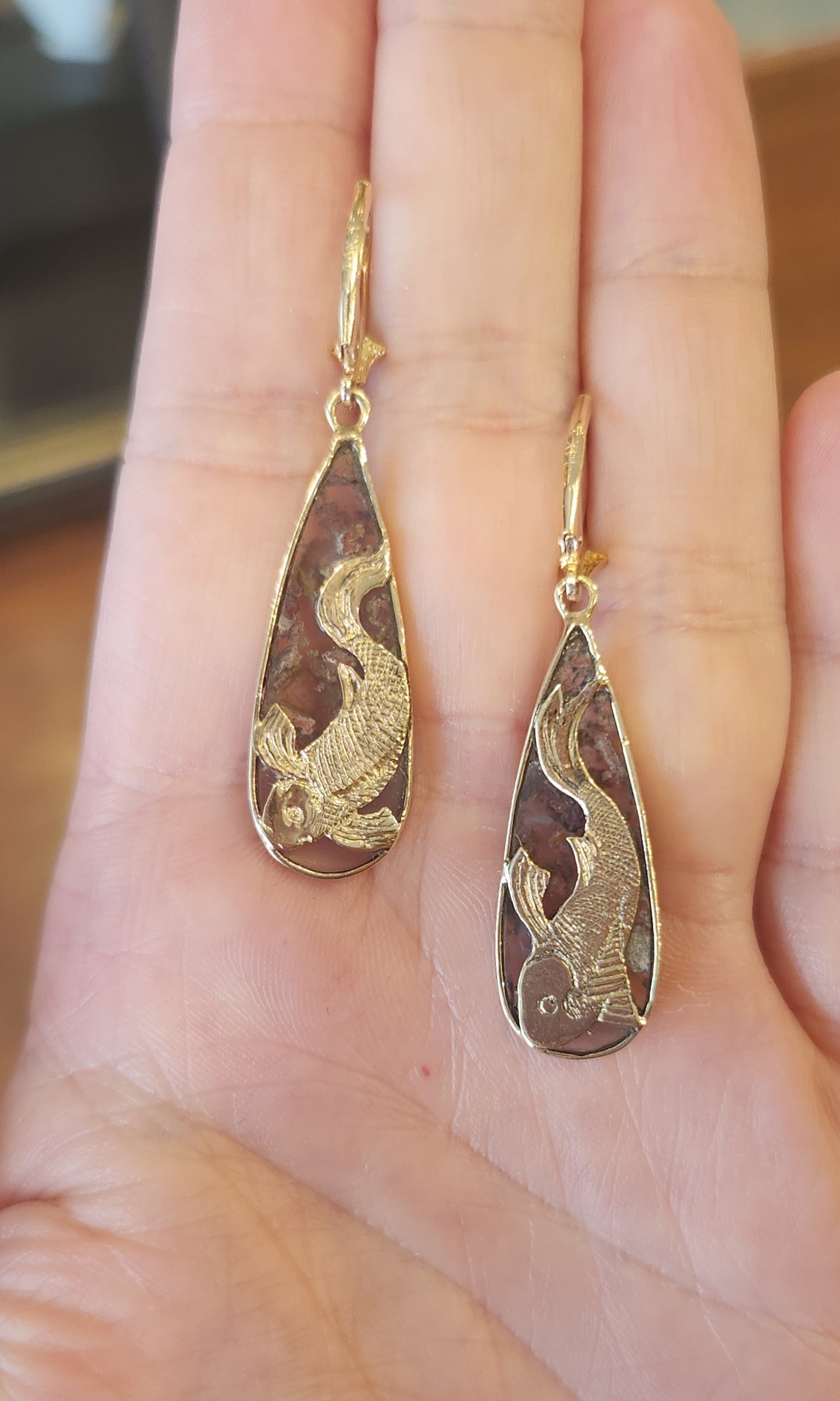 14k yellow gold koi fish moss agate dangle earrings