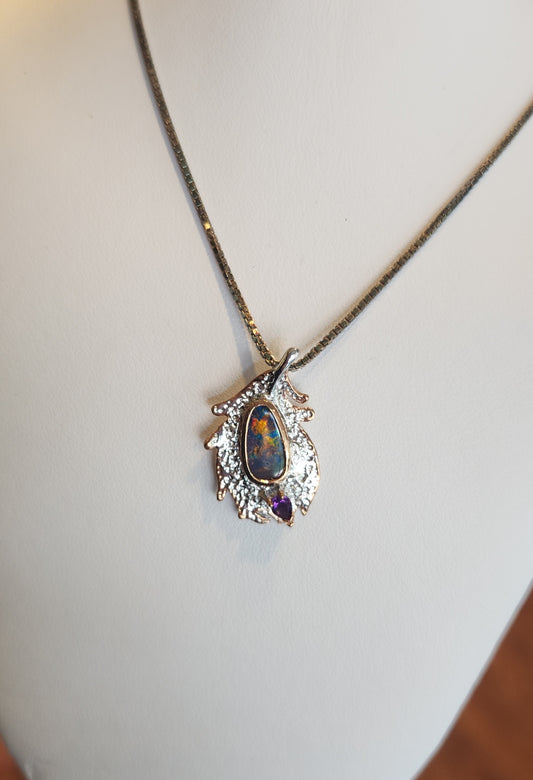 Sterling silver australian opal pendant with purple sapphire